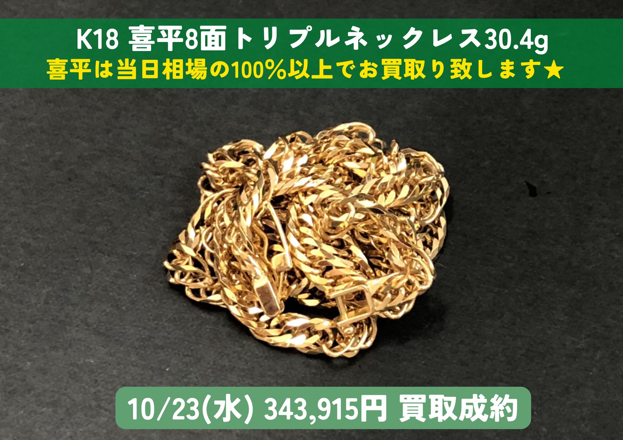 K18 18金 喜平8面トリプルネックレス 30.4g 343,915円でお買取りさせて 