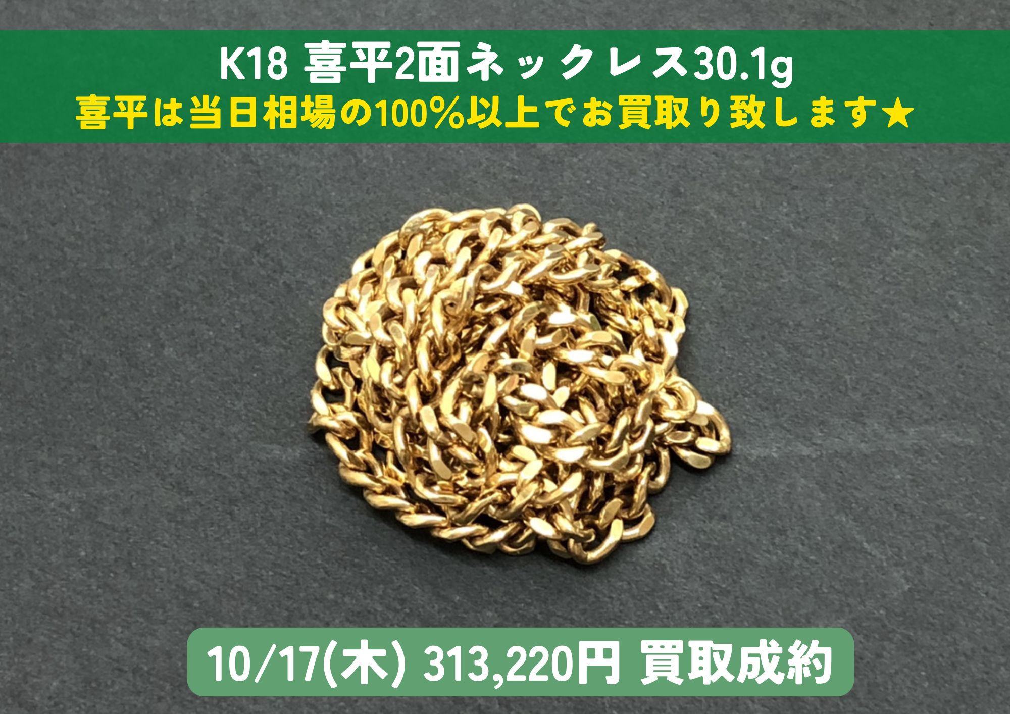 K18 18金 喜平2面ネックレス 30.1g 313,220円でお買取りさせていただきました！
