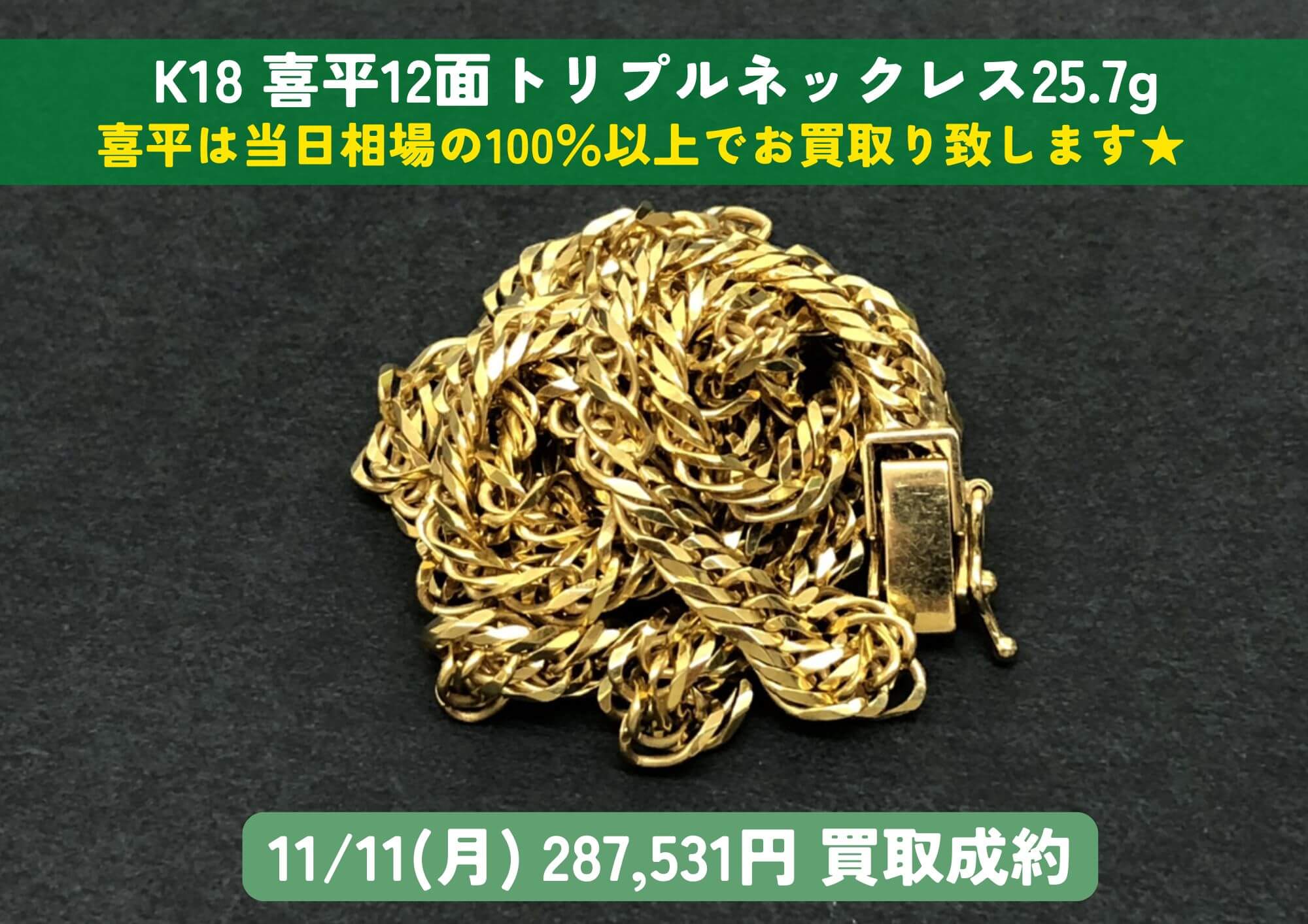 K18 18金 喜平12面トリプルネックレス 25.7g 287,531円でお買取りさせ 