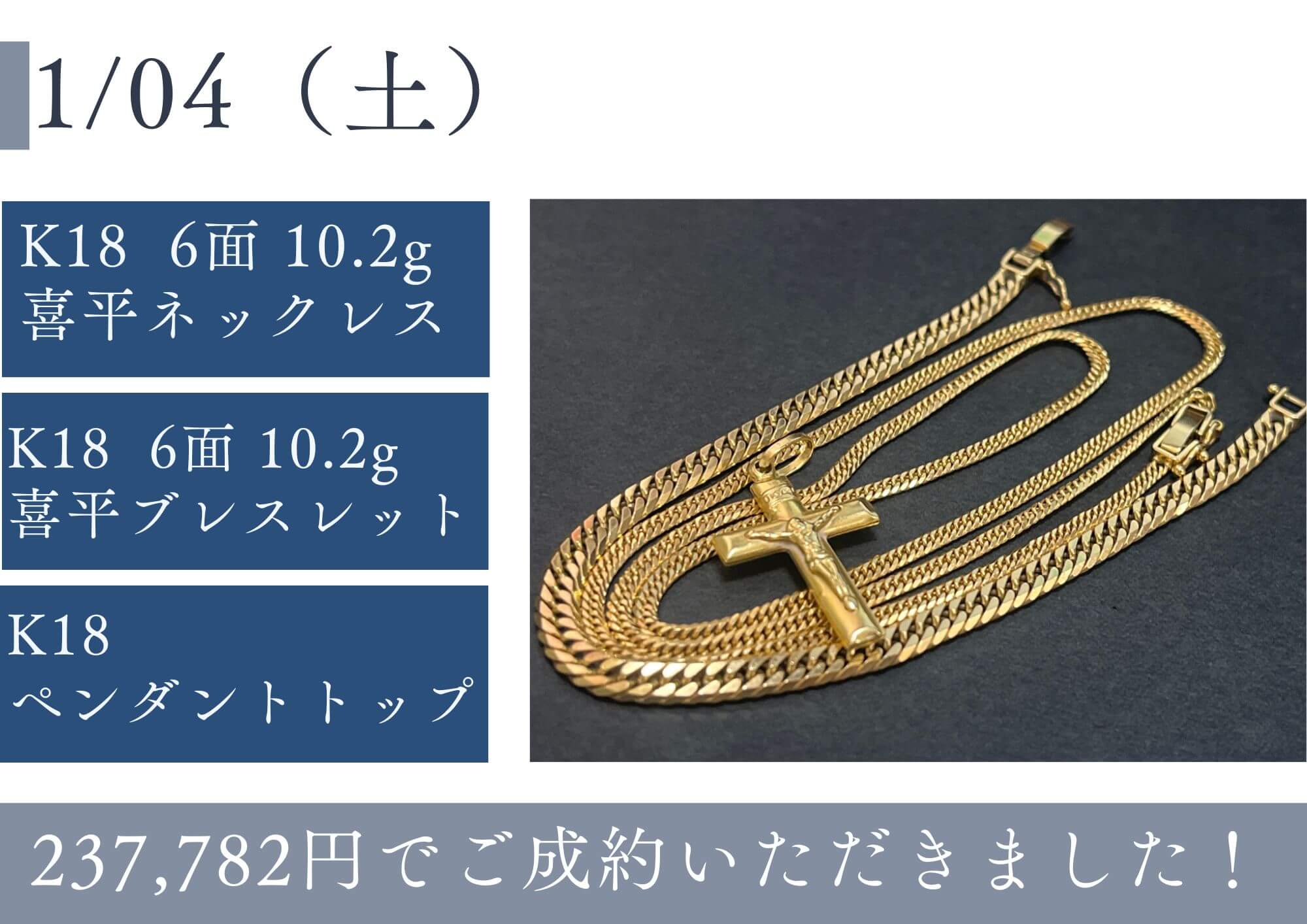 K18 喜平6面Wネックレス、6面Wブレスレット、ペンダント クロストップ 