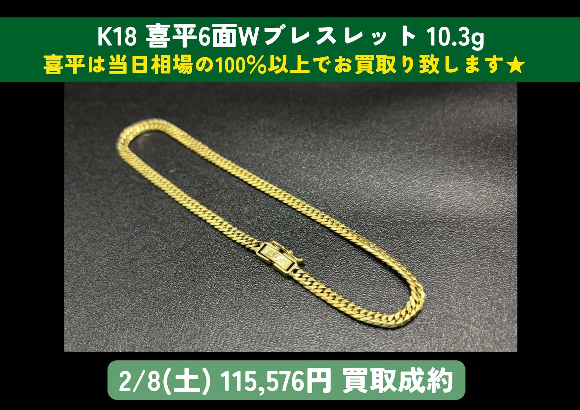 K18 18金 喜平6面Wブレスレット10.3g 115,576円でお買取りさせていただきました！