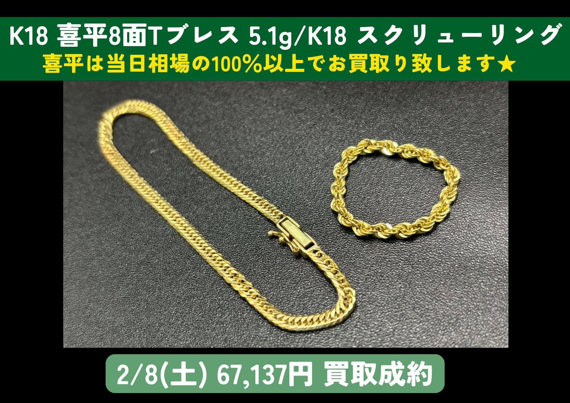 K18 18金 喜平8面Tブレスレット5.1g/スクリューリング 計67,137円でお買取りさせていただきました！