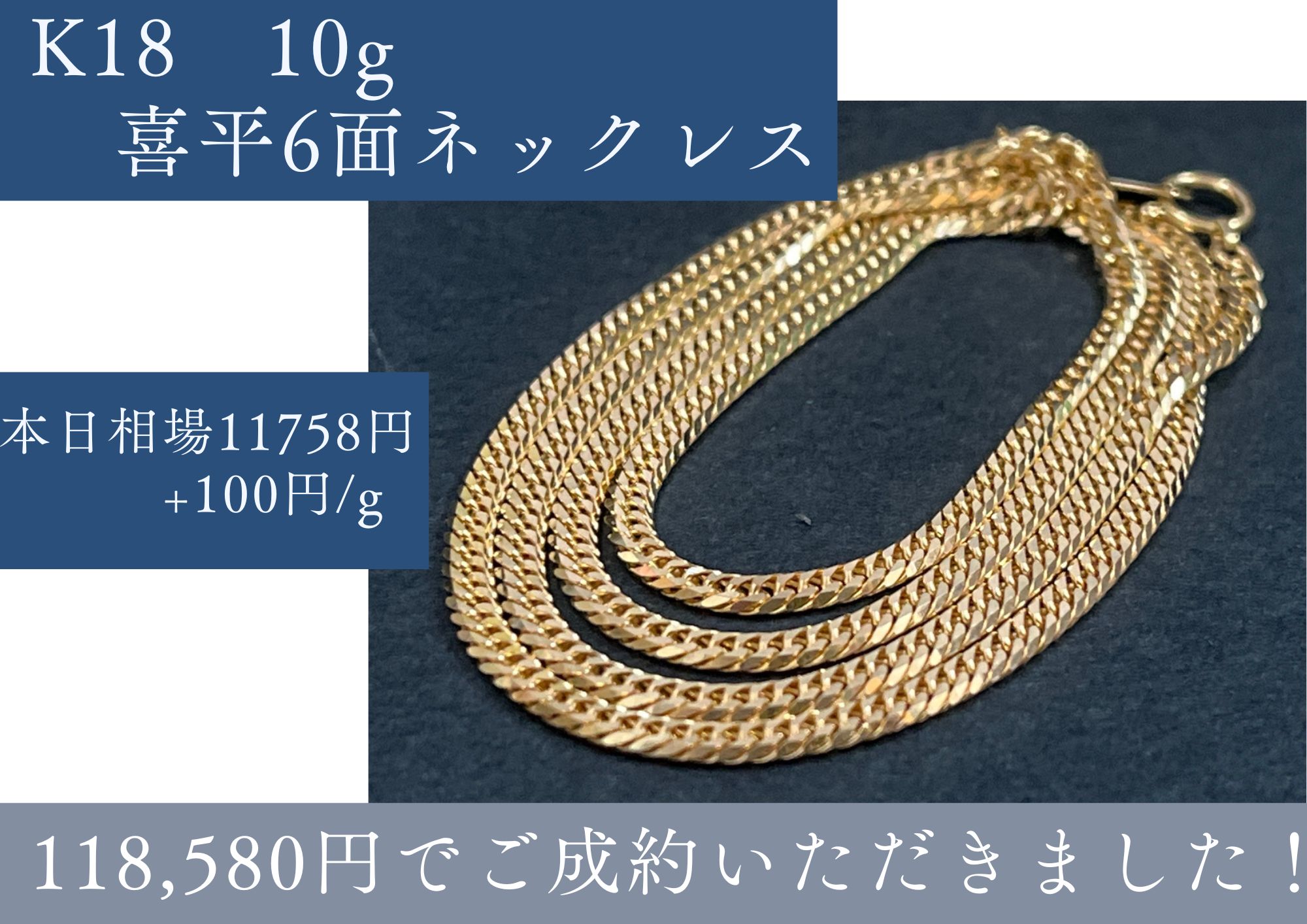 K18喜平6面ネックレス10g 118,580円でお売りいただきました。 6面 