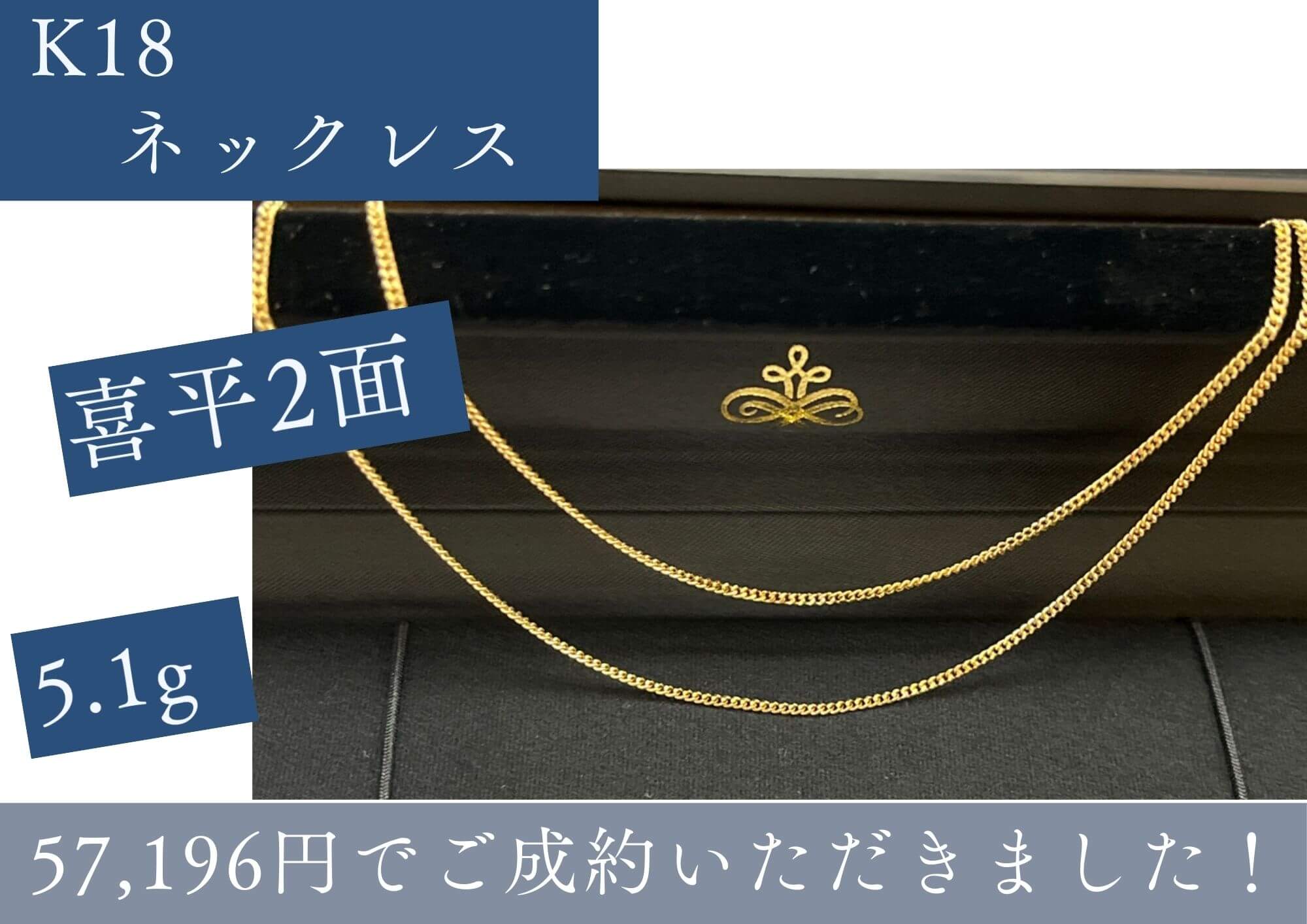 喜平2面ネックレス　5.1g　57196円でお売りいただきました。 ゴールディーズ本庄店では喜平の買取を当日相場100％でさせていただいています。 金相場が最高値に戻りつつある「今」ぜひお見積りをしてみてはいかがでしょうか？