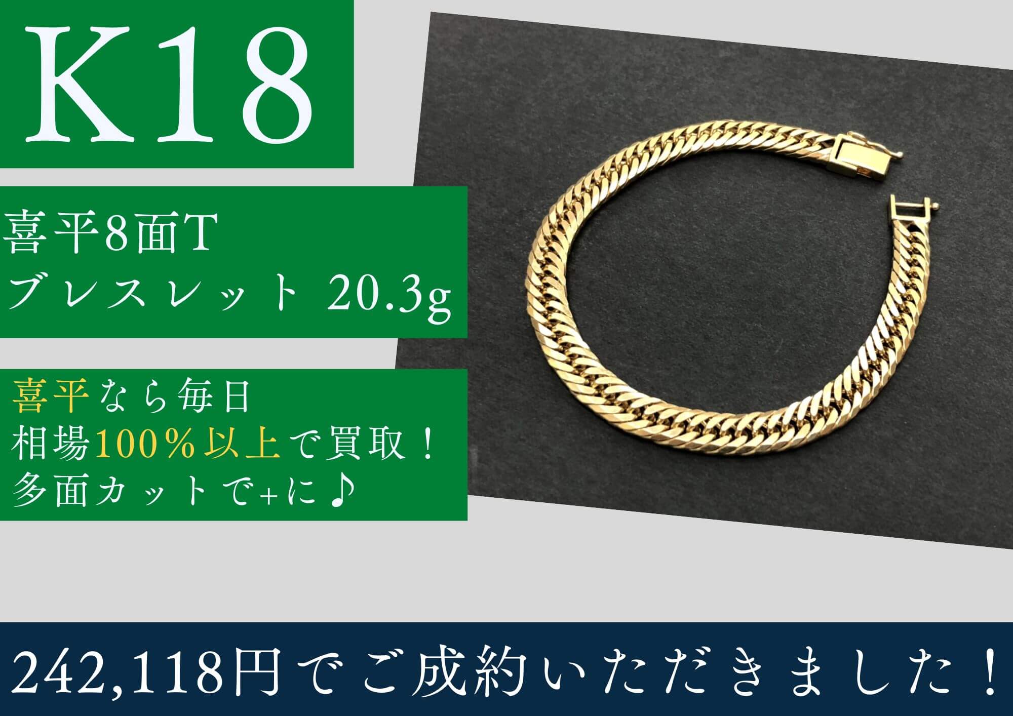 K18 18金 喜平8面トリプルブレスレット 20.3g 242,118円でお買取りさせ 