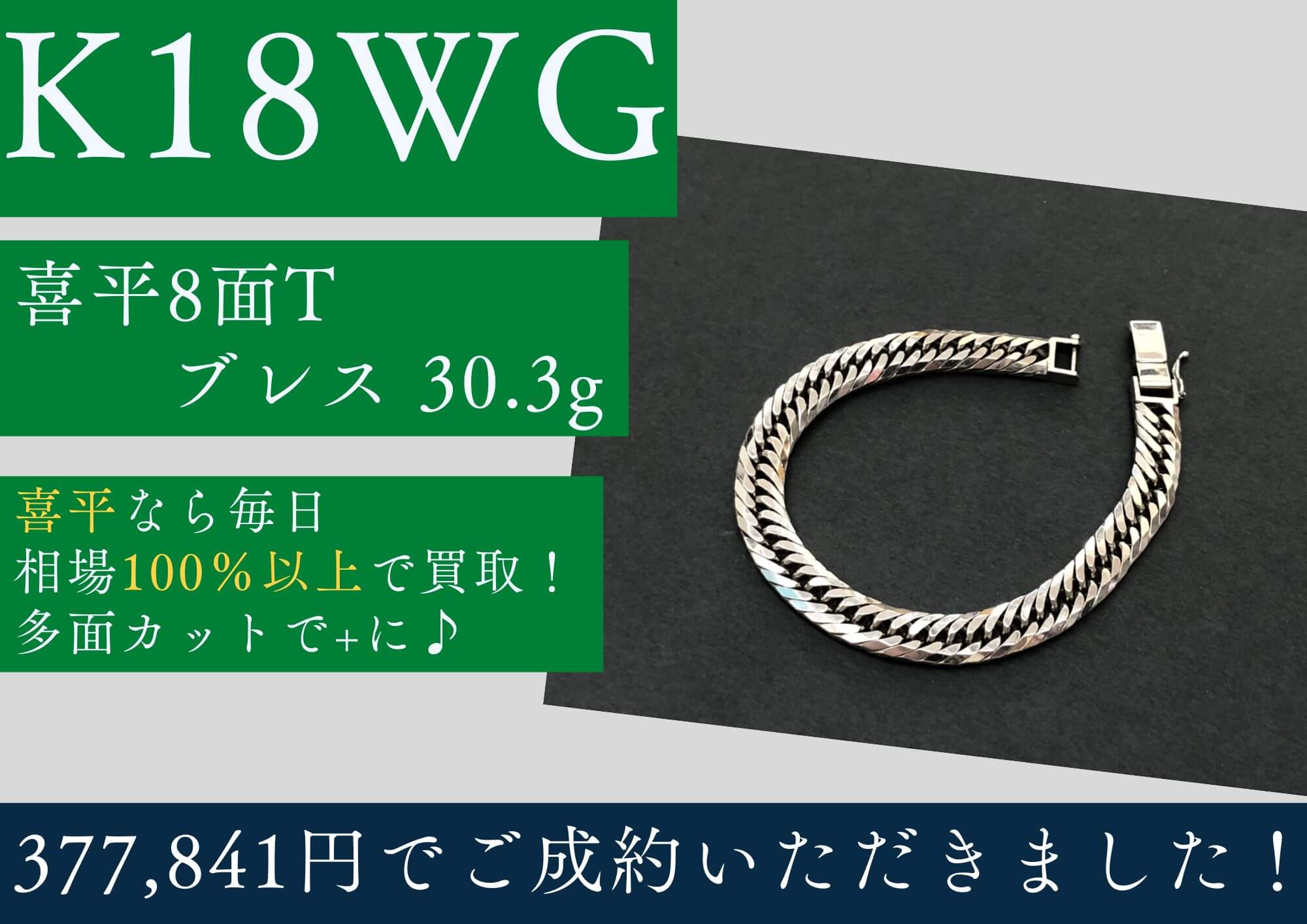 K18WG 18金ホワイトゴールド 喜平8面トリプルブレスレット 30.3g 377,841円でお買取させていただきました！
