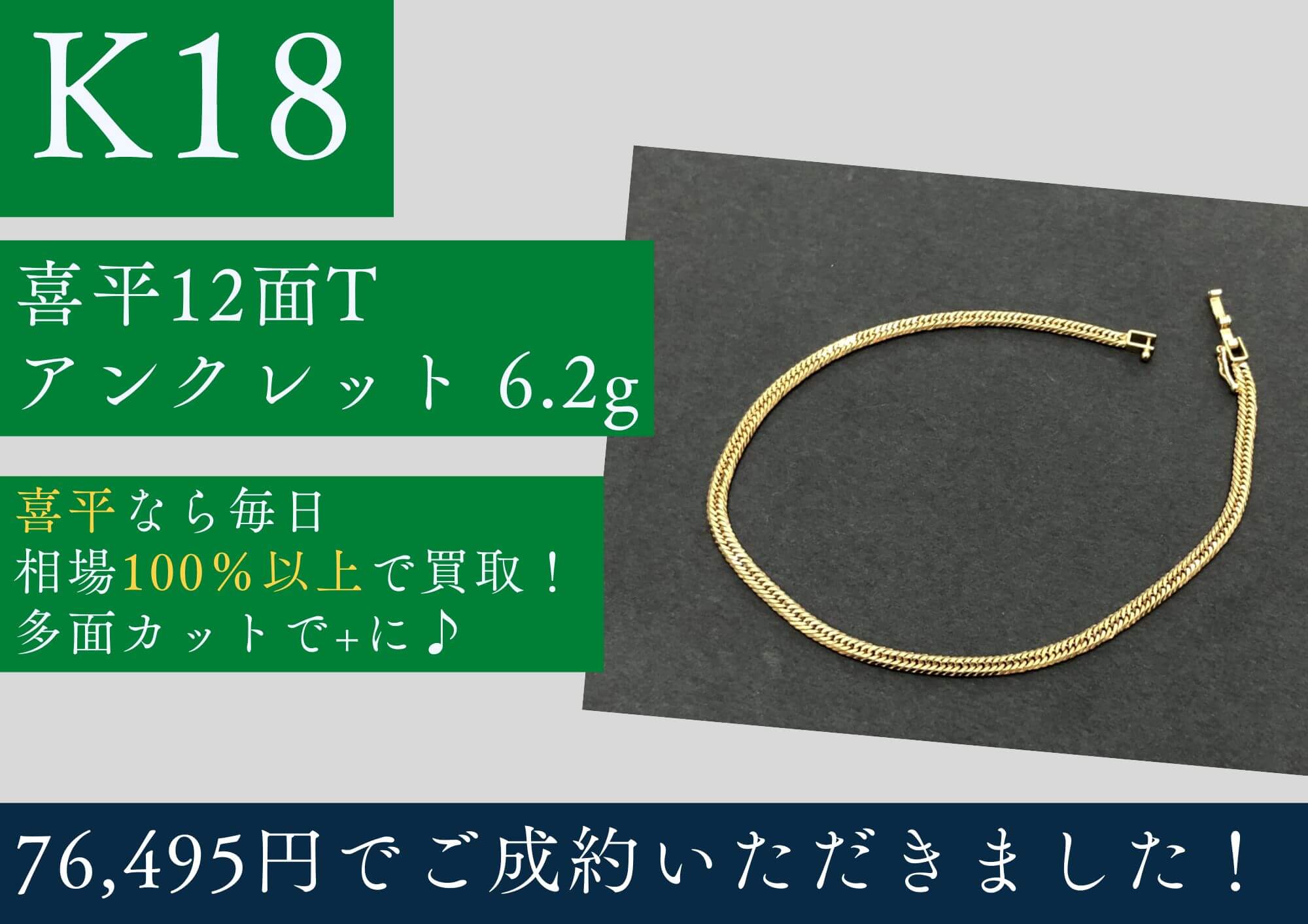 K18 18金 喜平12面トリプルアンクレット 6.2g 76,495円でお買取させていただきました！