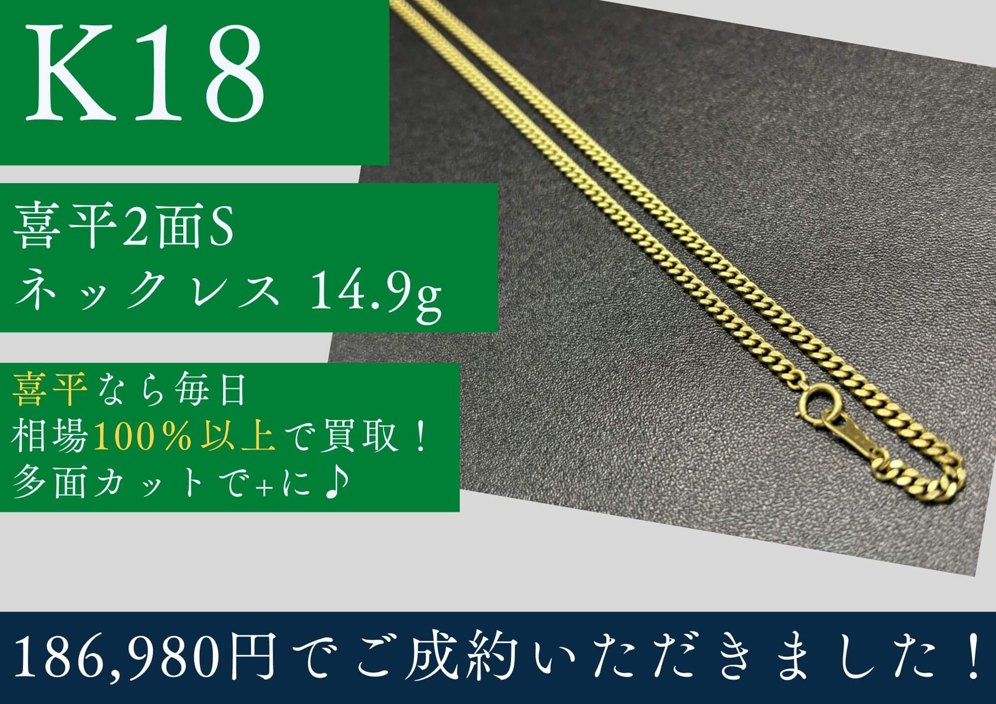 K18 18金 喜平2面ネックレス 14.9g 186,980円でお買取させていただきました！