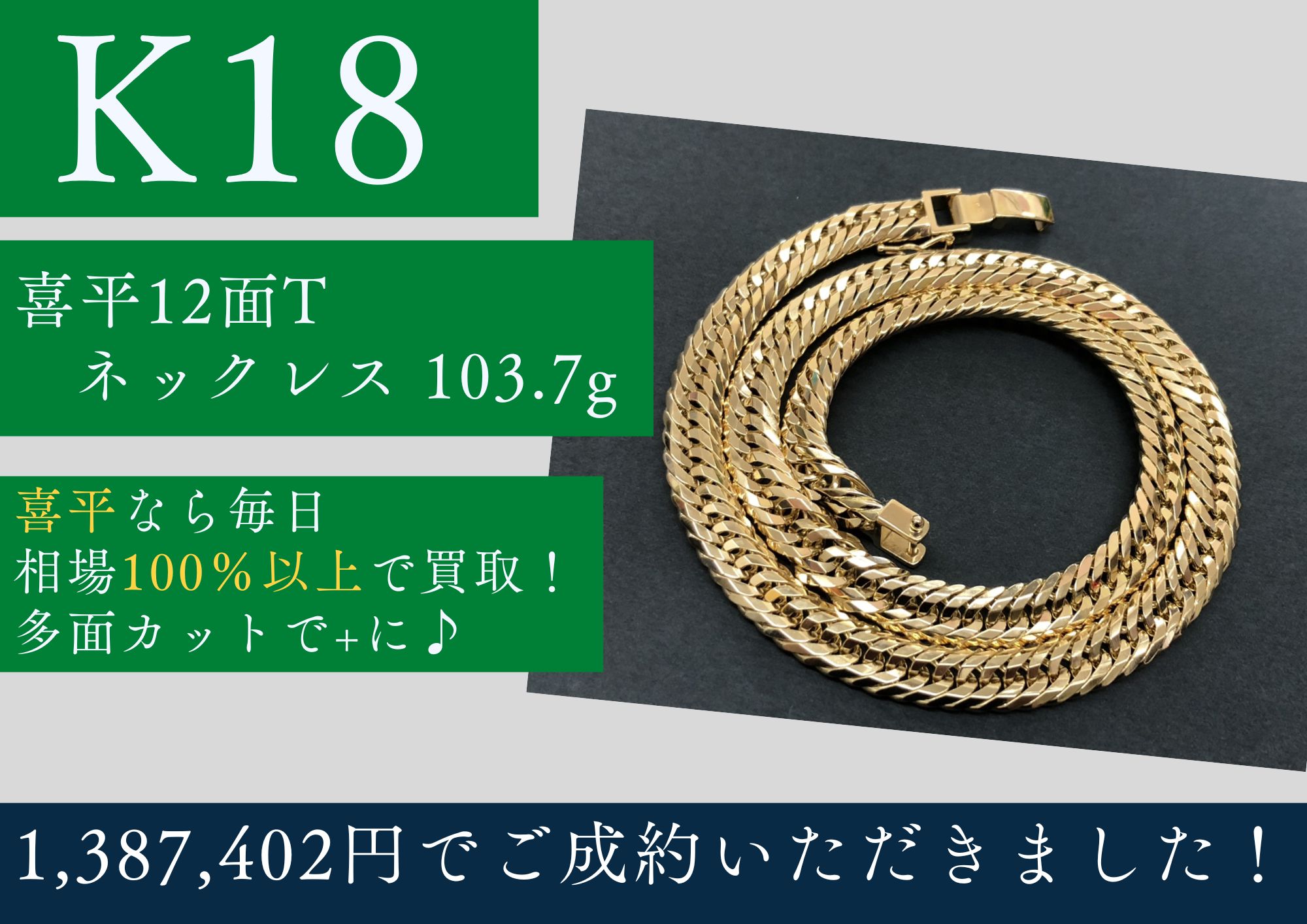 K18 18金 喜平12面トリプルネックレス 103.7g 1,387,402円でお買取りさせていただきました！