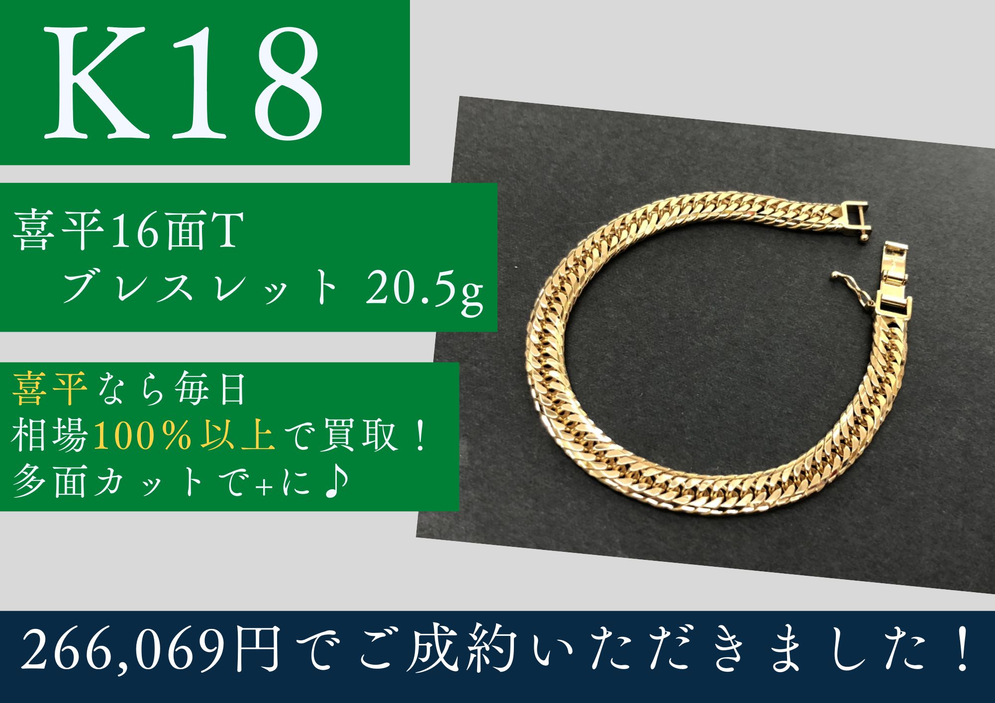 K18 18金 喜平16面トリプルブレスレット 20.5g 266,069円でお買取りさせていただきました！