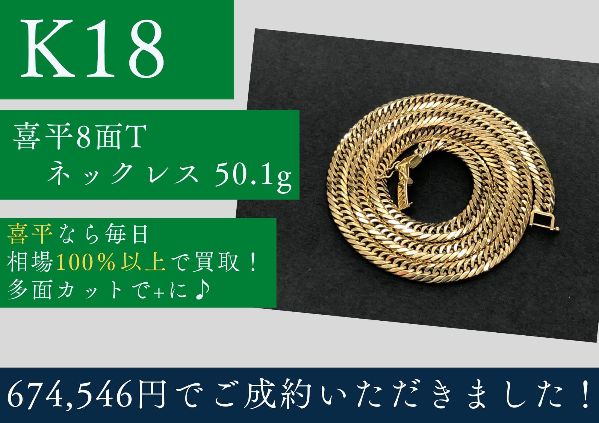 K18 18金 喜平8面トリプルネックレス 50.1g 674,546円でお買取させていただきました！