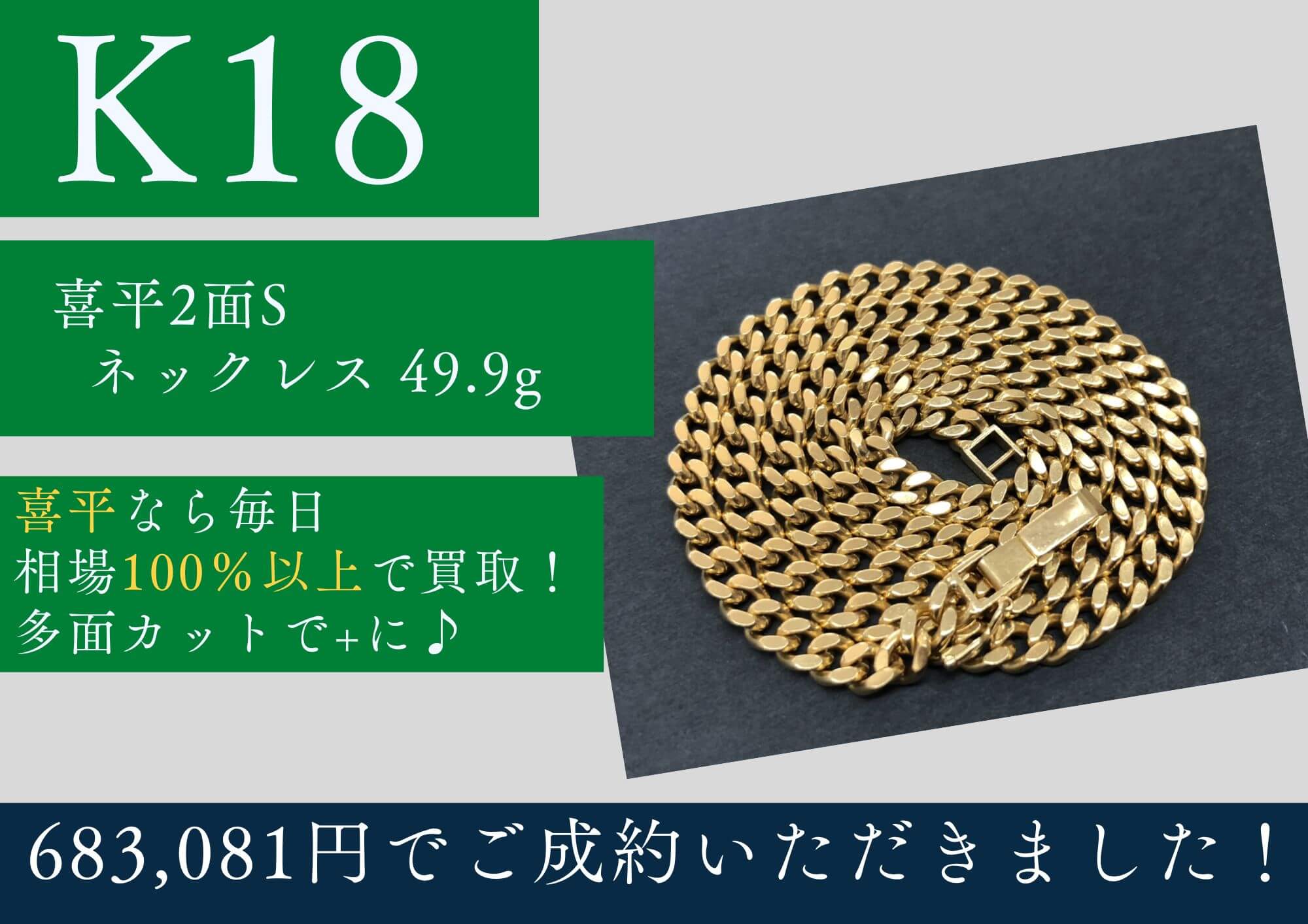 K18 18金 喜平2面ネックレス 49.9g 683,081円でお買取りさせていただきました！