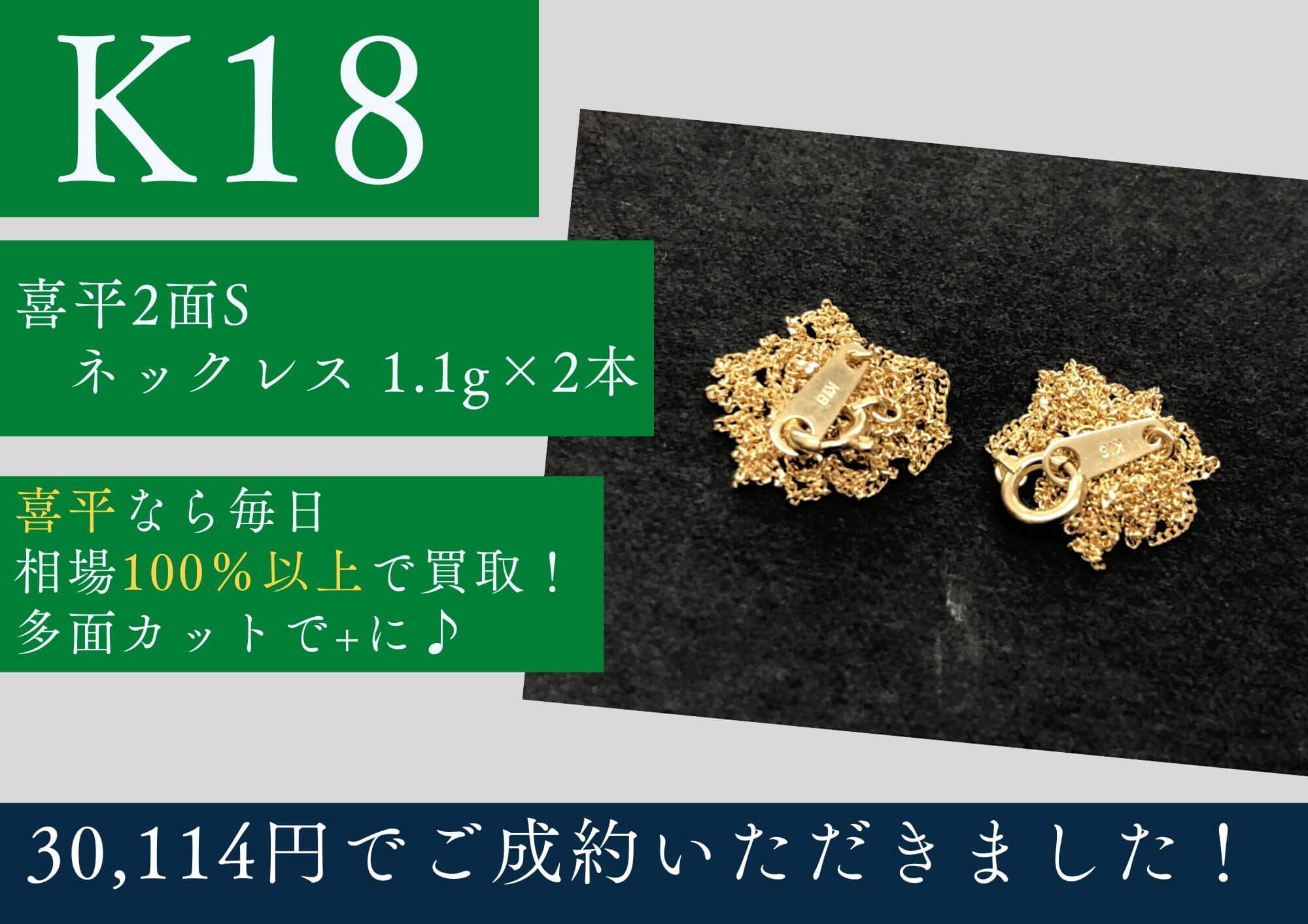 K18 18金 喜平2面ネックレス1.1g 2本 計30,114円でお買取させていただきました！