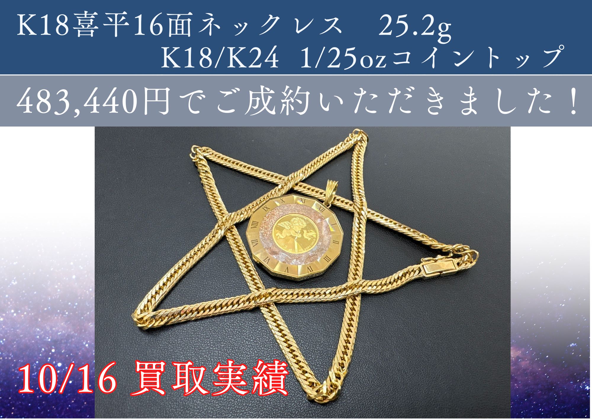K18喜平16面ネックレス　25.2g K18/K24  1/25ozコイントップ 483,440円でご成約いただきました！  8面・12面・16面などのトリプルネックレスは 相場+500円/gで買取させていただきます！ 10/16（木）の本日は 1g　17,079円/gで買取いたしました！