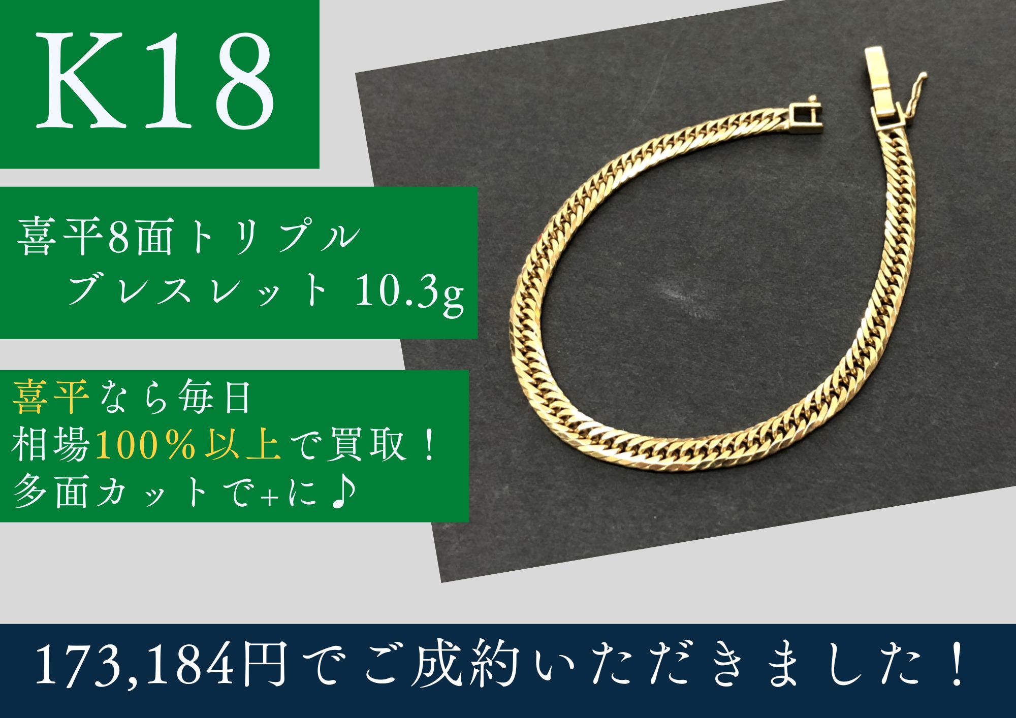 K18 18金 喜平8面トリプルブレスレット 10.3g 173,184円でお買取させて 