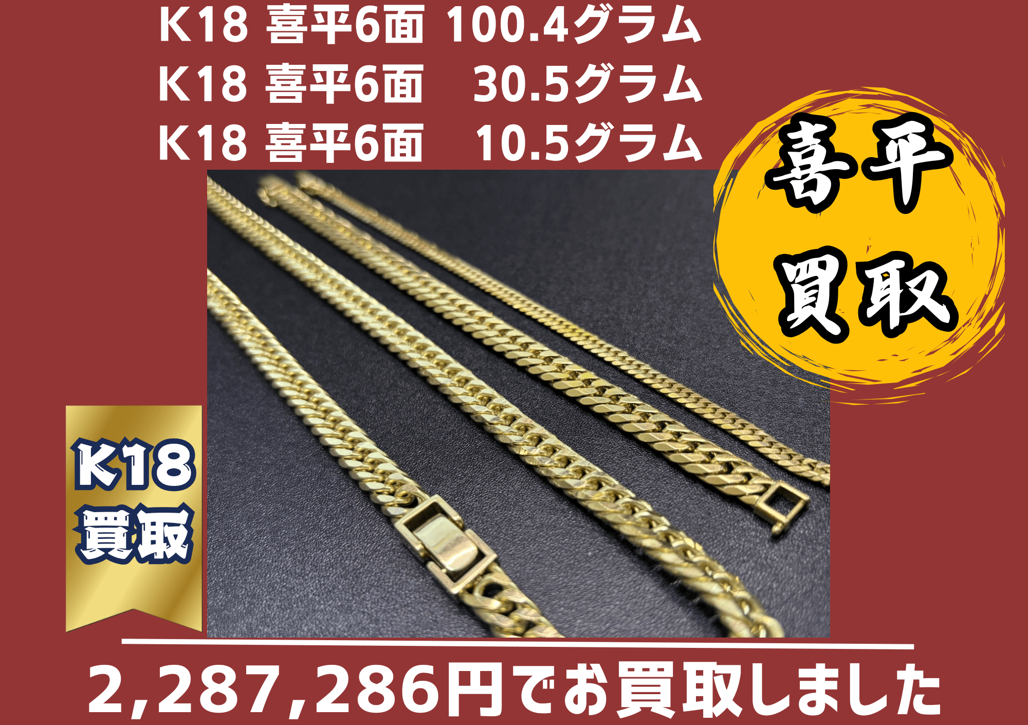 K18 6面ダブル 100.4g、K18 6面ダブル 30.5g、K18 喜平6面ダブル 10.5 