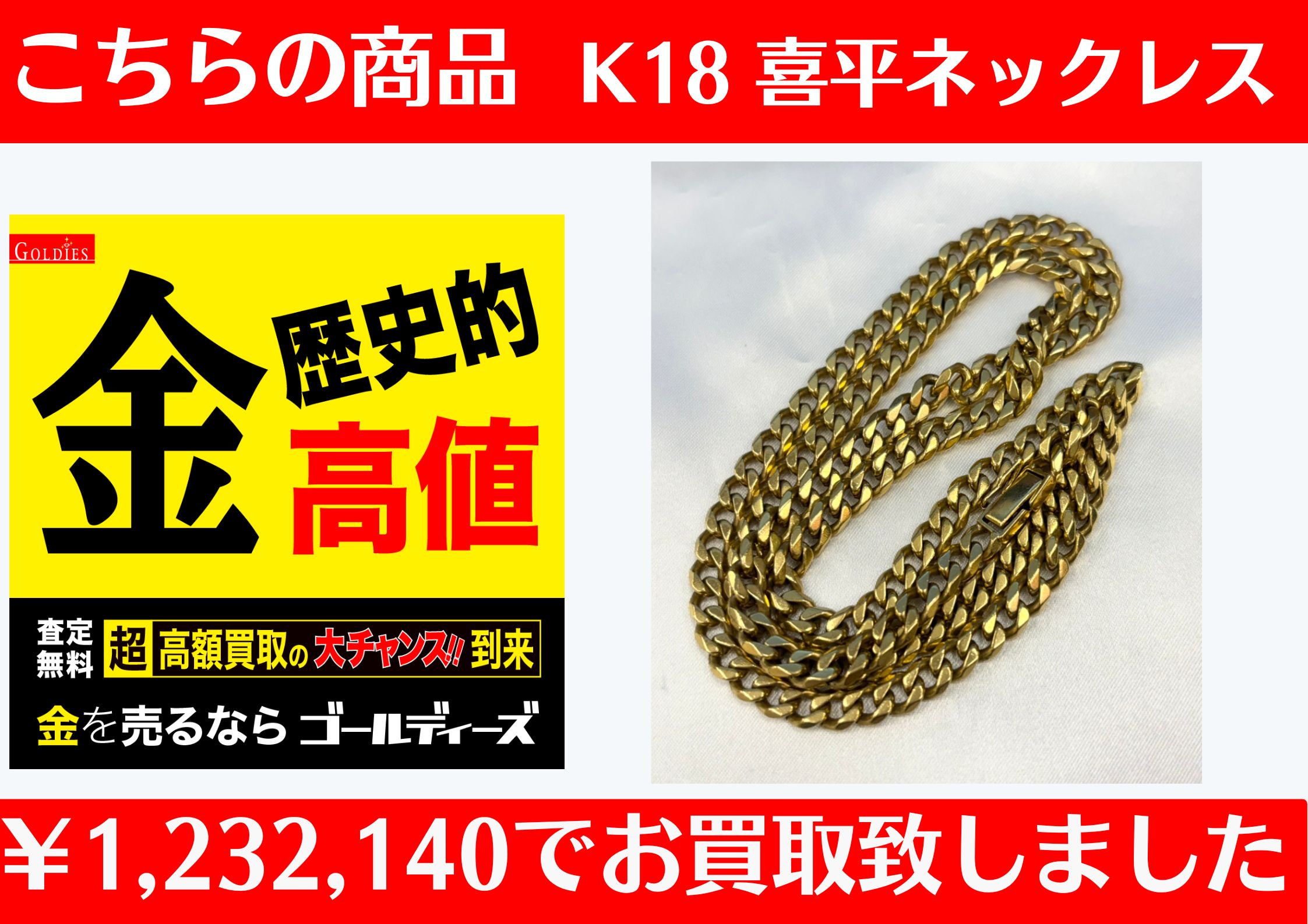 こちら K18 喜平 ネックレス 67.7g ￥1,232,140でお買取をさせていただきました！