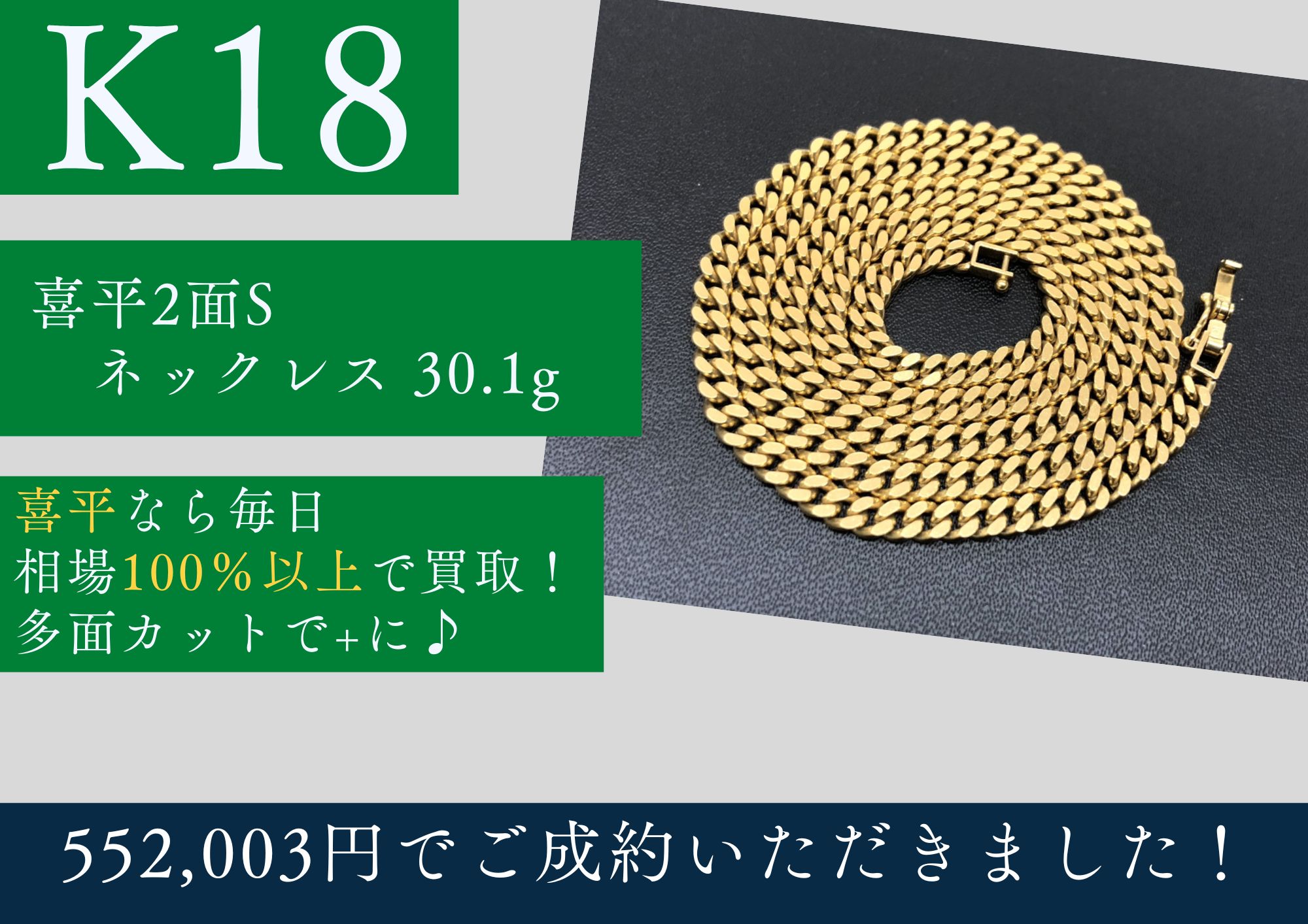 K18 18金 喜平2面ネックレス 30.1g 552,003円でお買取させていただきました！