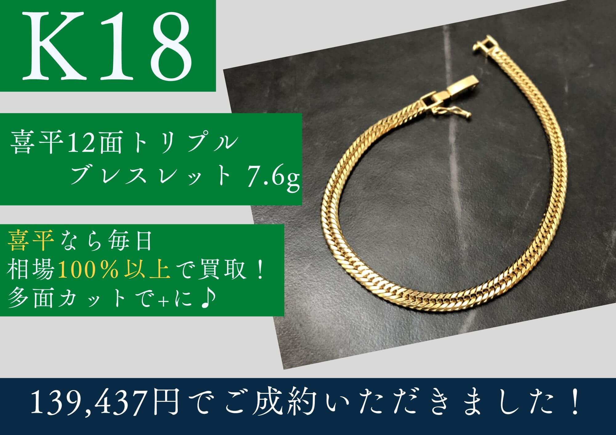 K18 18金 喜平12面トリプルブレスレット 7.6g 139,437円でお買取りさせ 