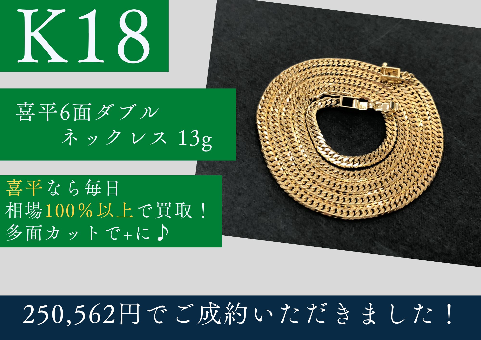 K18 18金 喜平6面ダブルネックレス 13g 250,562円でお買取させて 