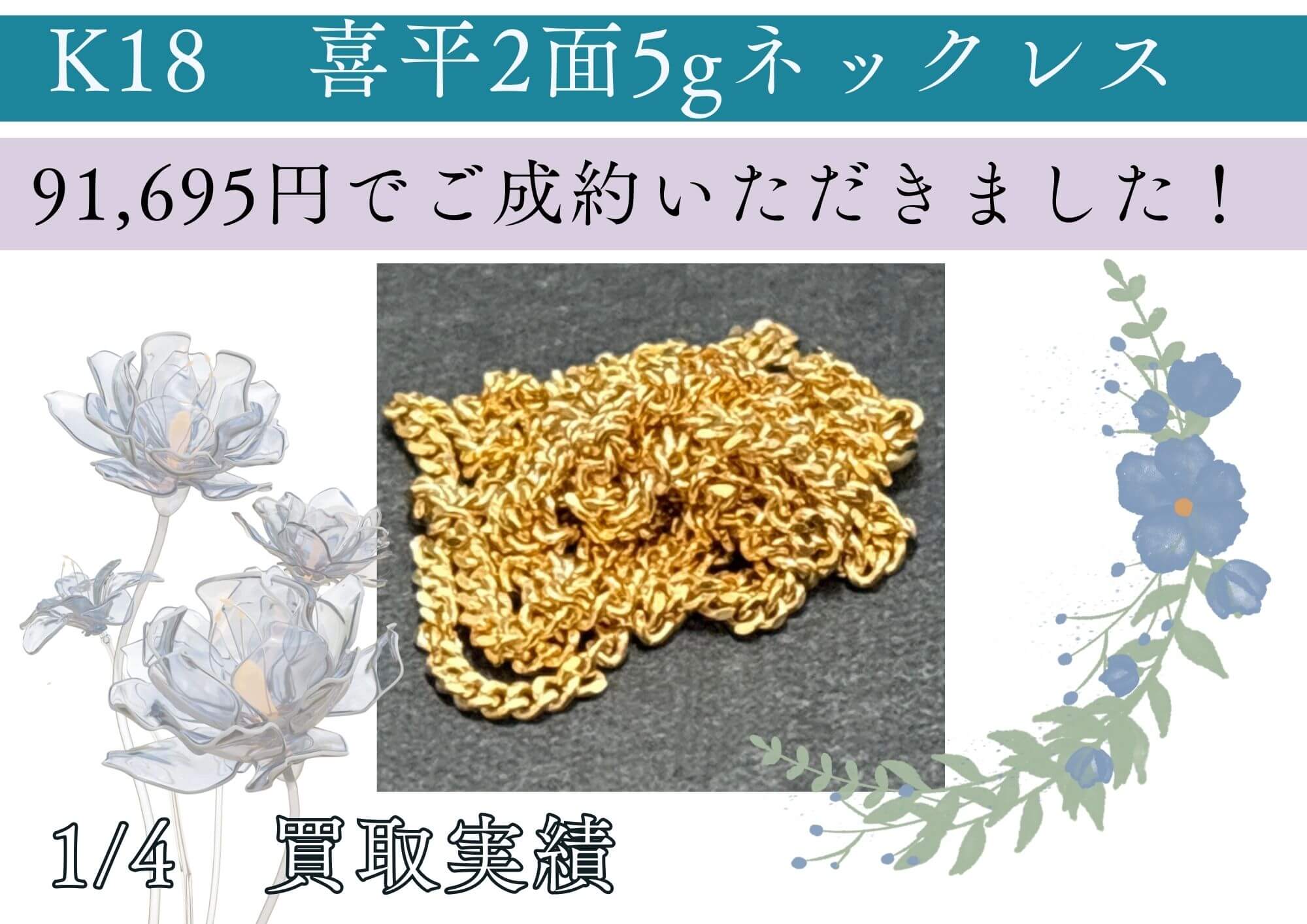 K18喜平2面ネックレス5g 91,695円でお売りいただきました。  K18喜平買取金額は 当日相場100％！ HPの「本日の買取金額」×重さでのお買取となります！（壊れていないお品）