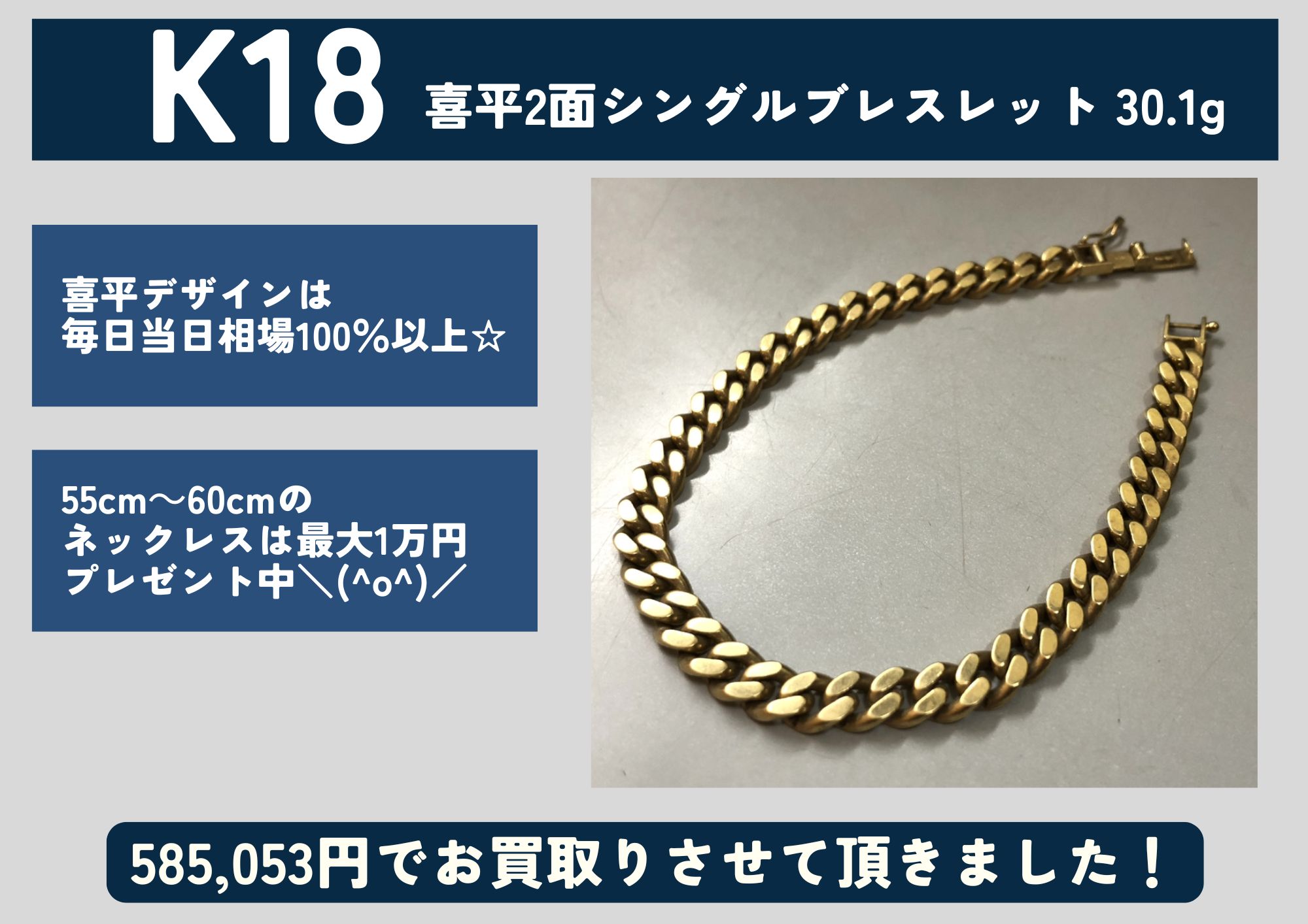 K18 18金 喜平2面シングルブレスレット 30.1g 585,053円でお買取りさせ 
