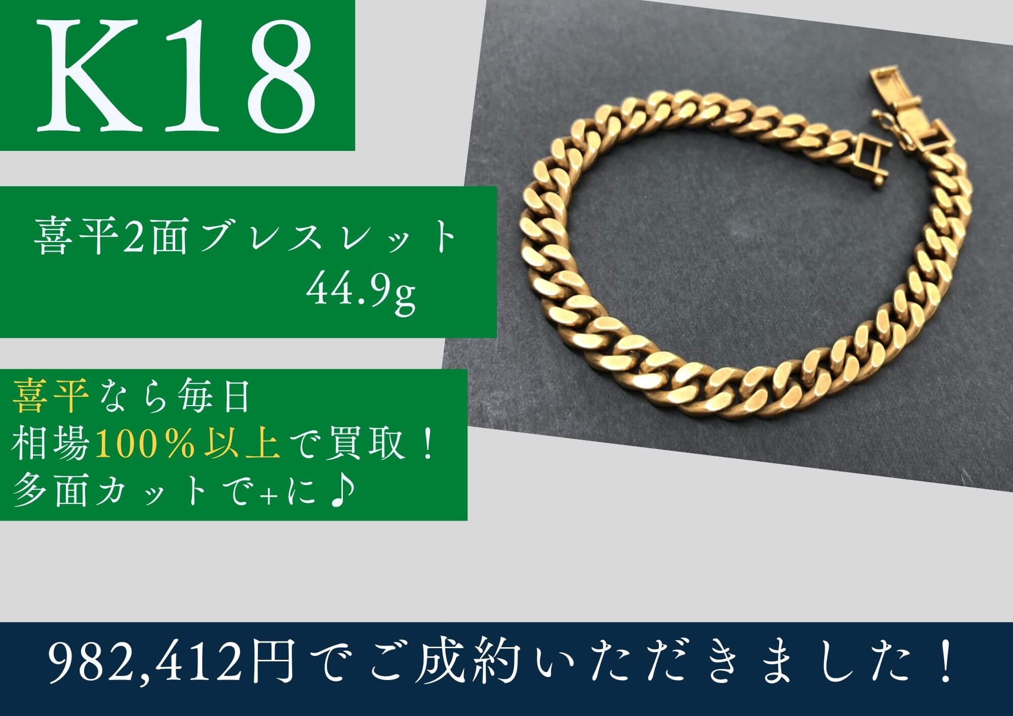 K18 18金 喜平2面ブレスレット 44.9g 982,412円でお買取させていただきました！