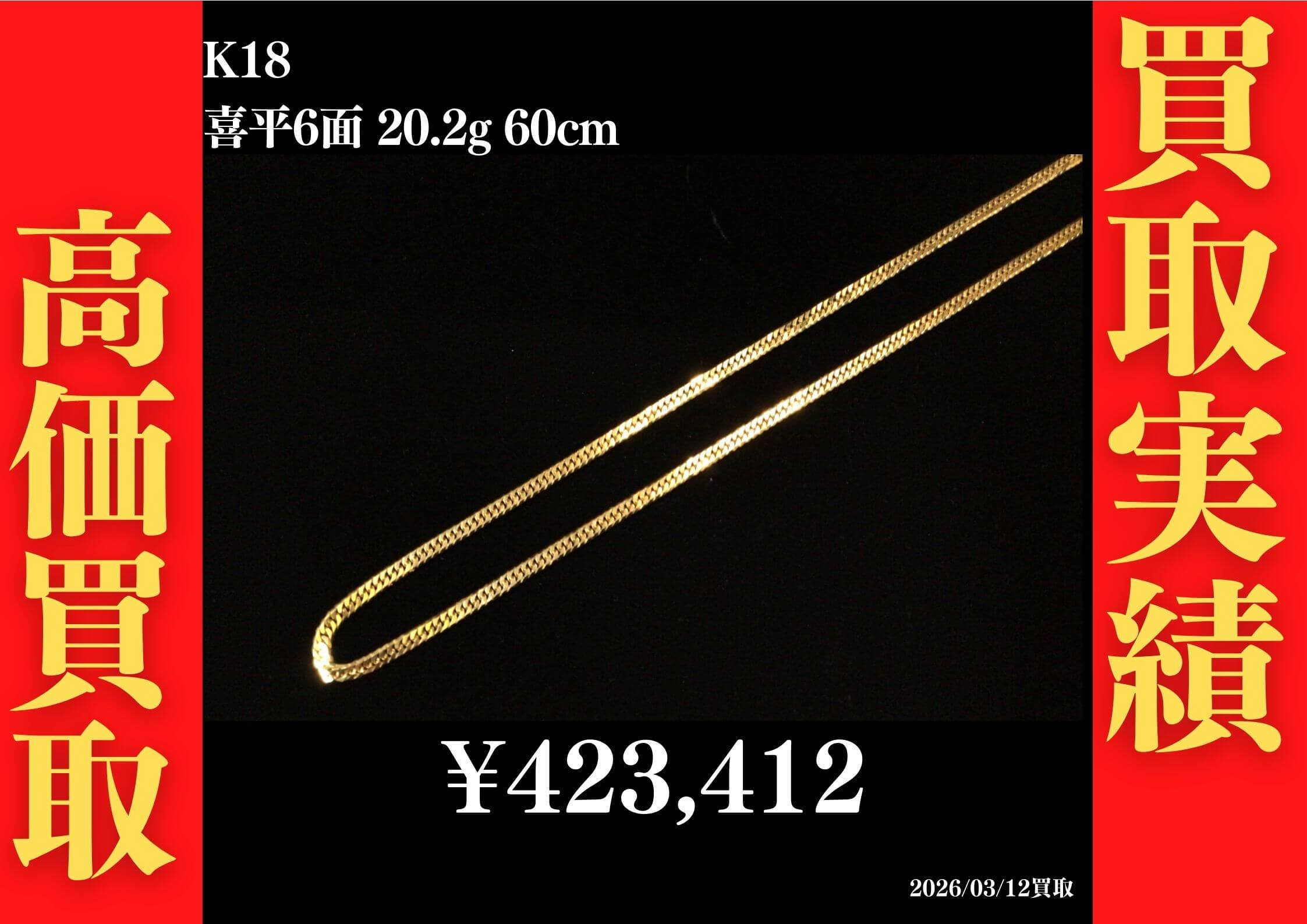 K18 喜平6面 20.2g 60cm 423,412円でお買取させていただきました！