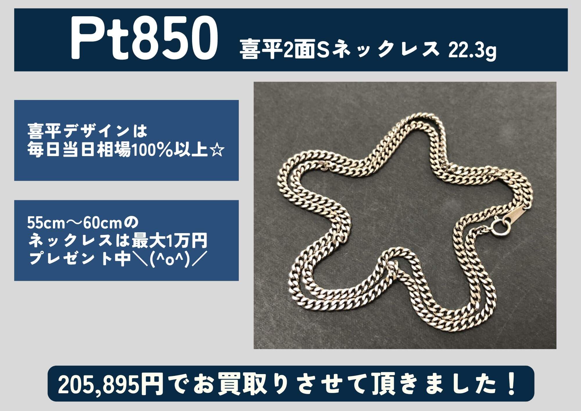 Pt850 プラチナ 喜平2面シングルネックレス 22.3g 205,895円でお買取りさせていただきました！