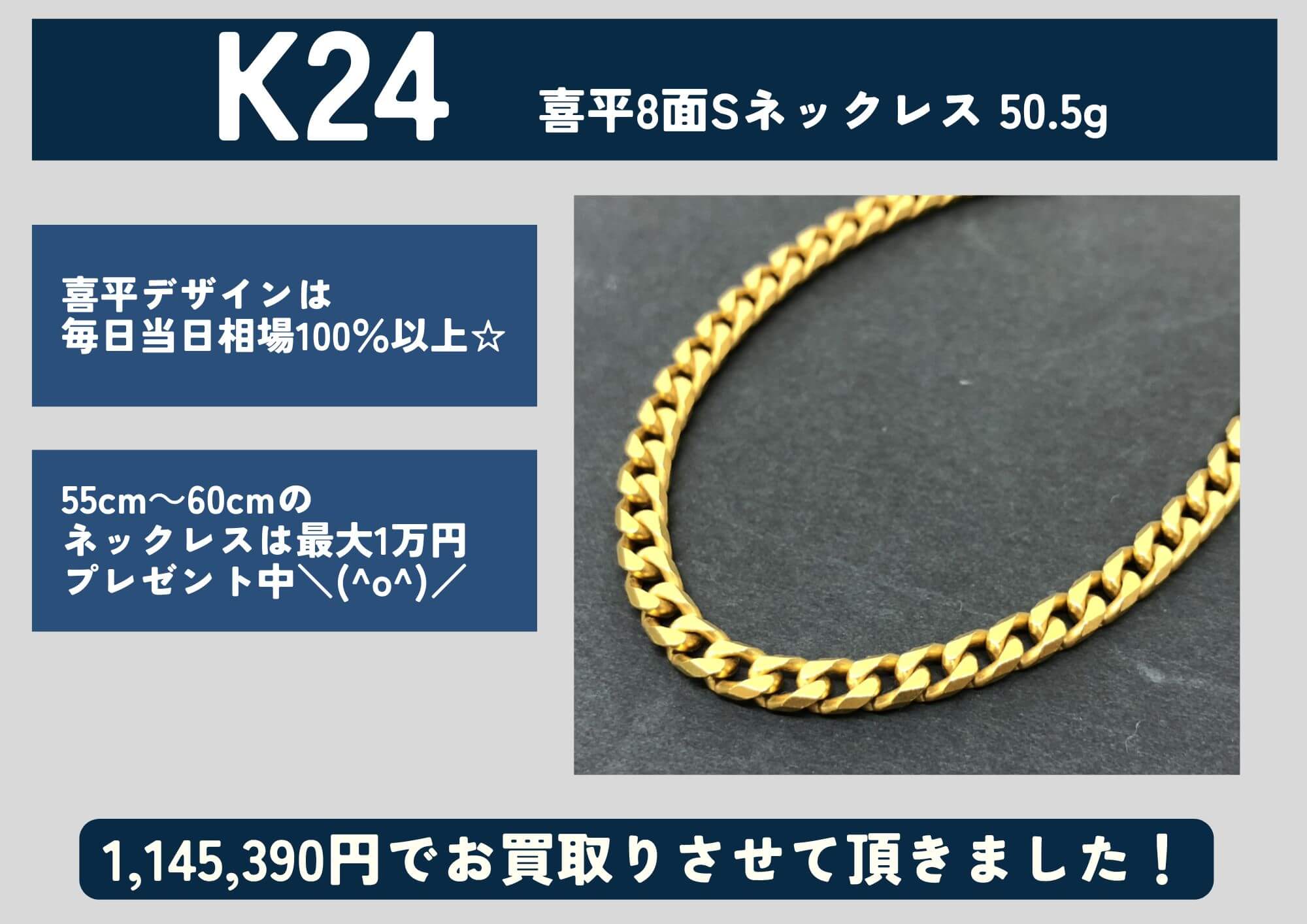 K24 24金 喜平8面シングルネックレス 50.5g 1,145,390円でお買取させていただきました！