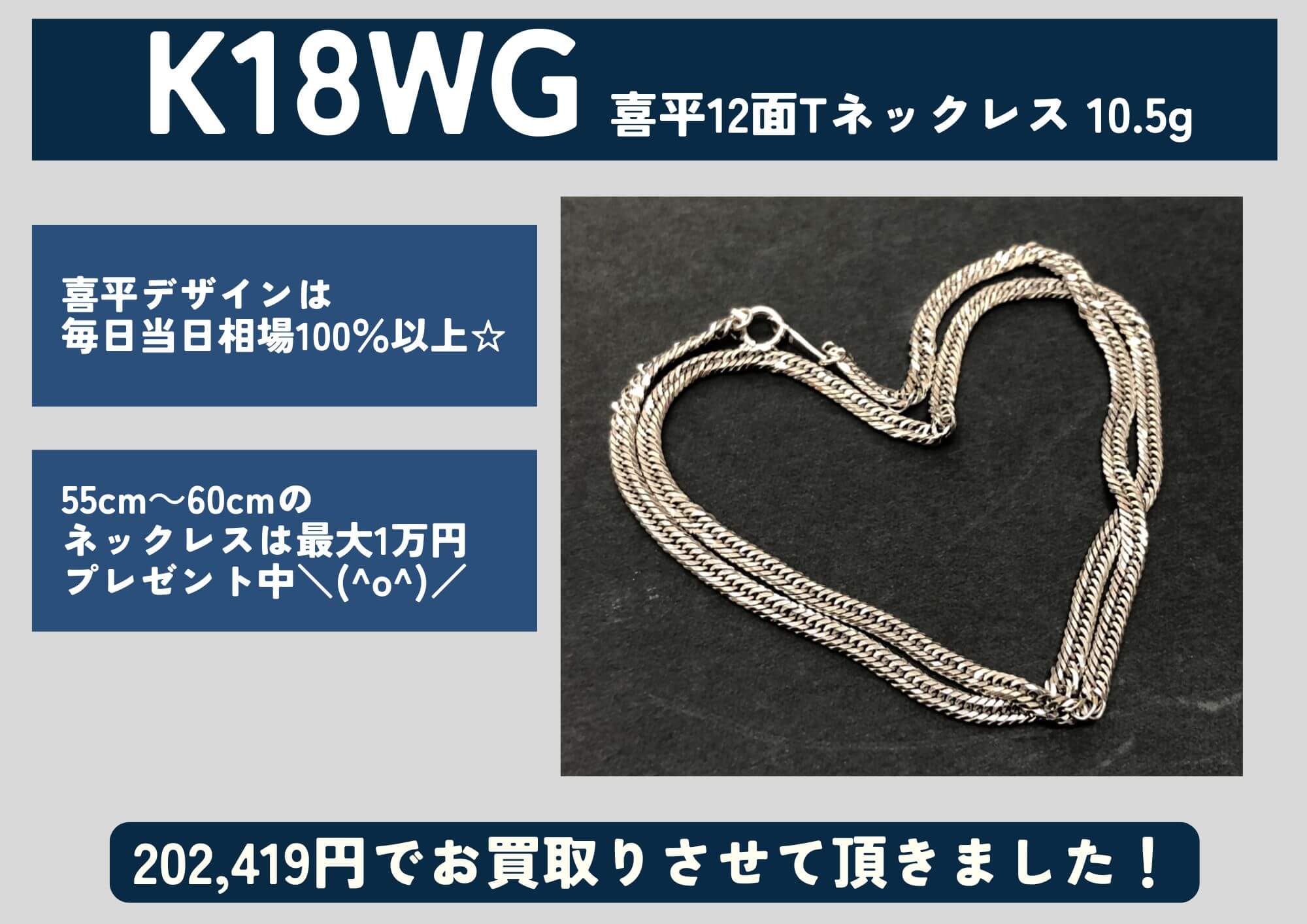 K18WG 18金 ホワイトゴールド 喜平12面Tネックレス 10.5g 202,419円でお買取させていただきました！