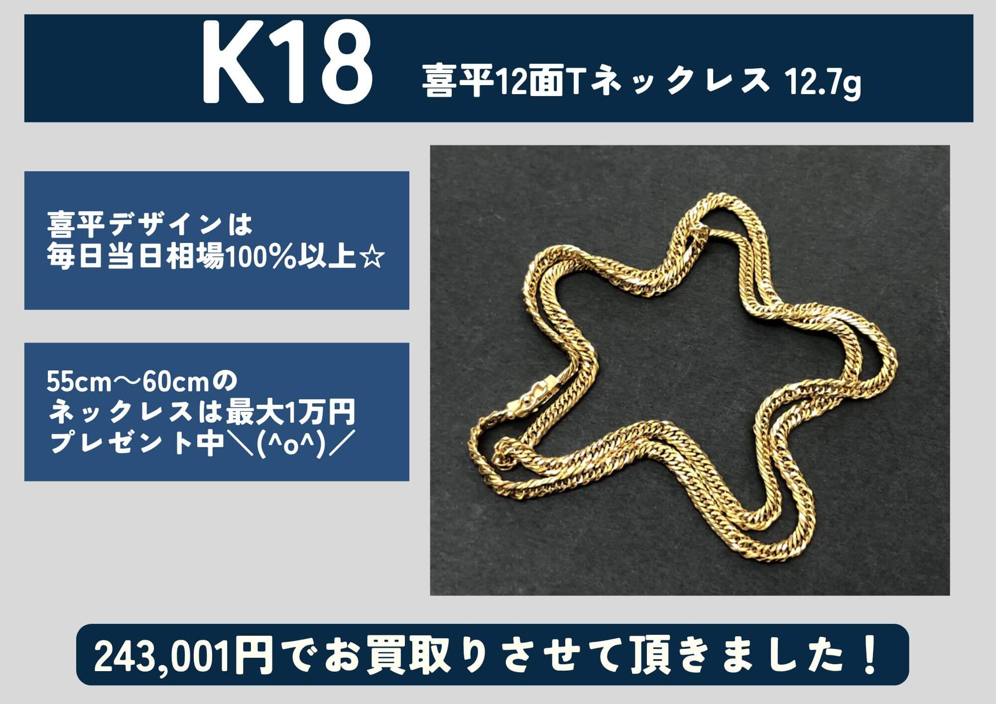K18 18金 喜平12面トリプルネックレス 12.7g 243,001円でお買取させていただきました！