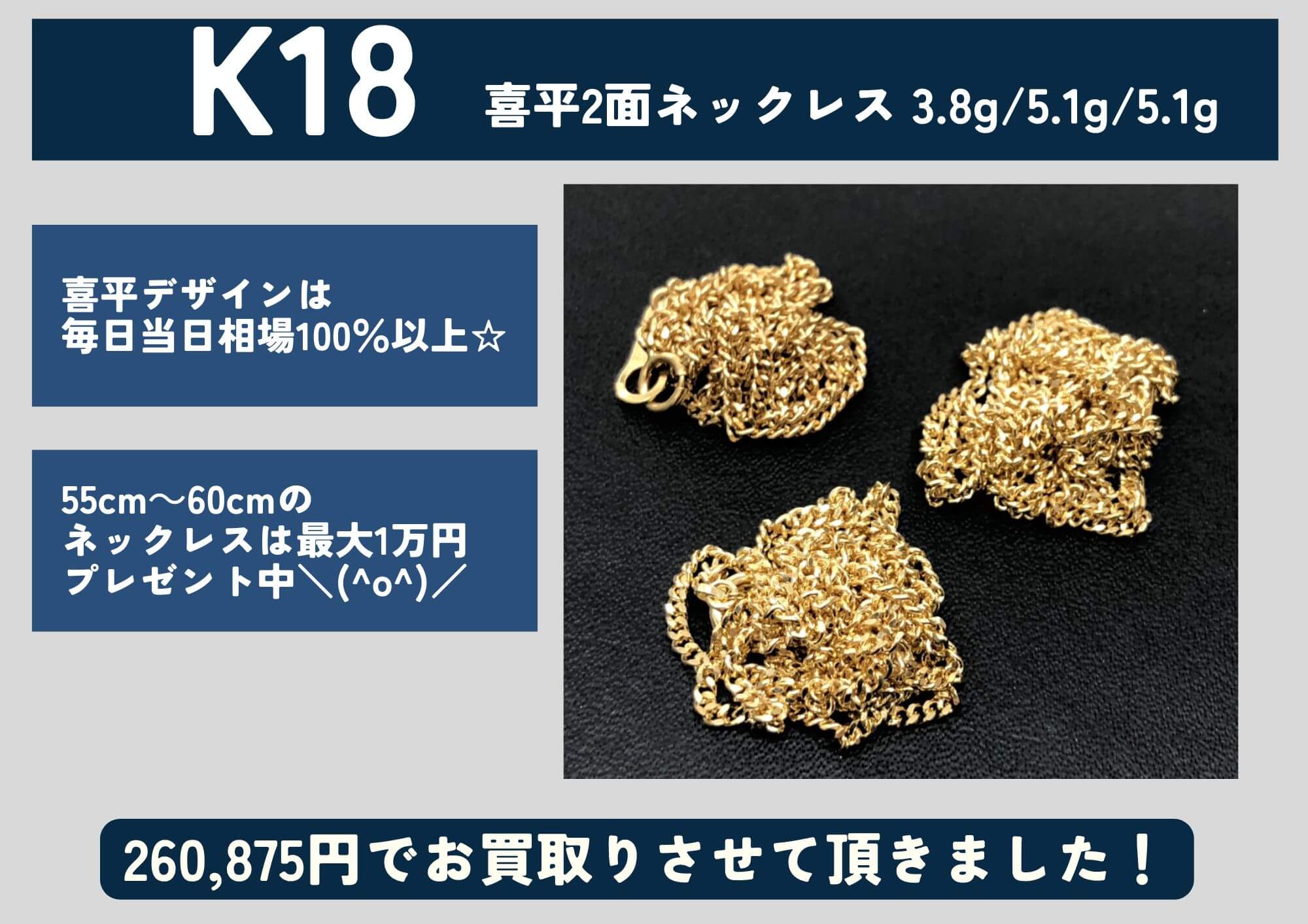 K18 18金 喜平2面ネックレス 3.8g/5.1g/5.1g 計260,875円でお買取させていただきました！