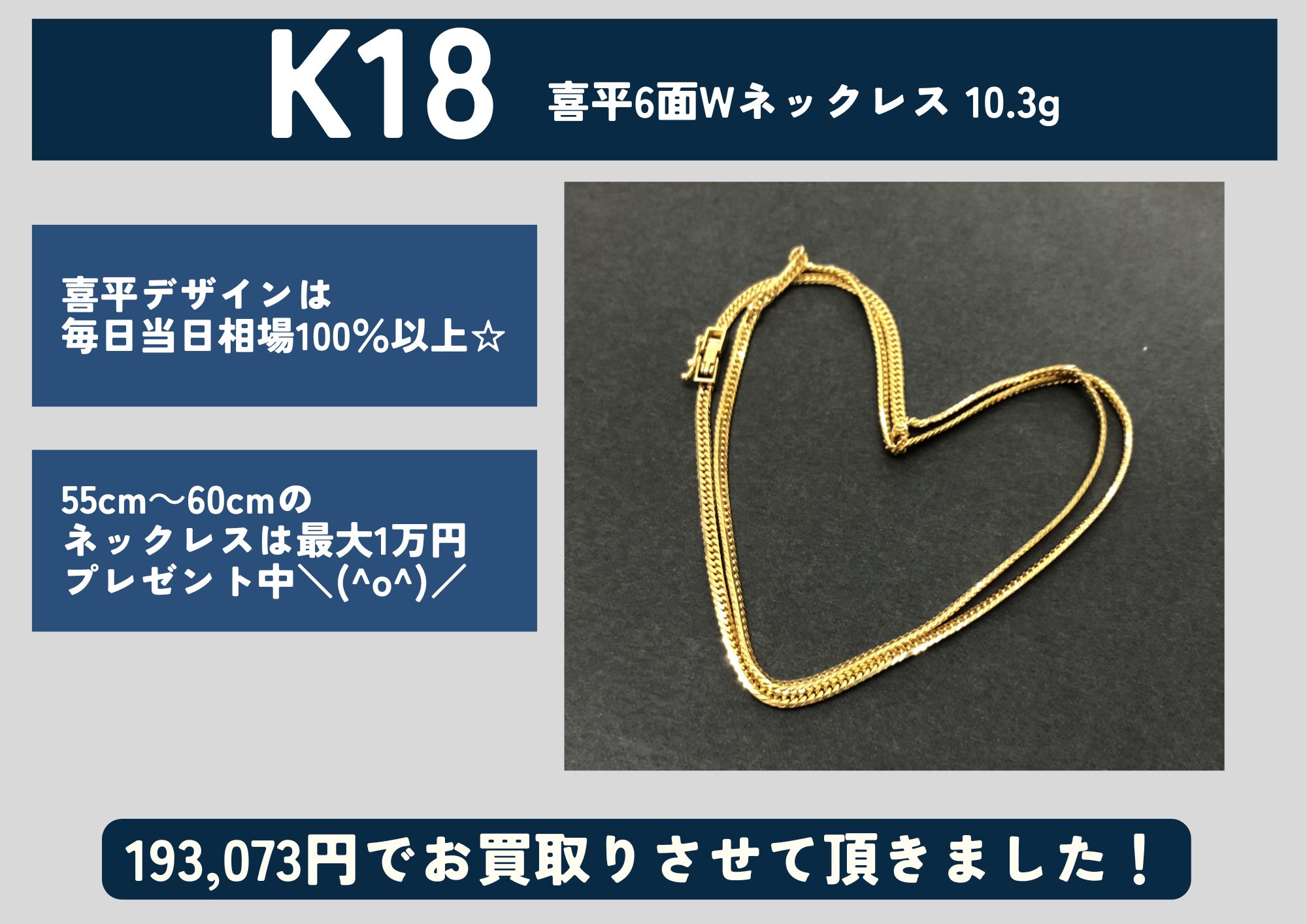 K18 18金 喜平6面Wネックレス 10.3g 193,073円でお買取させていただきました！
