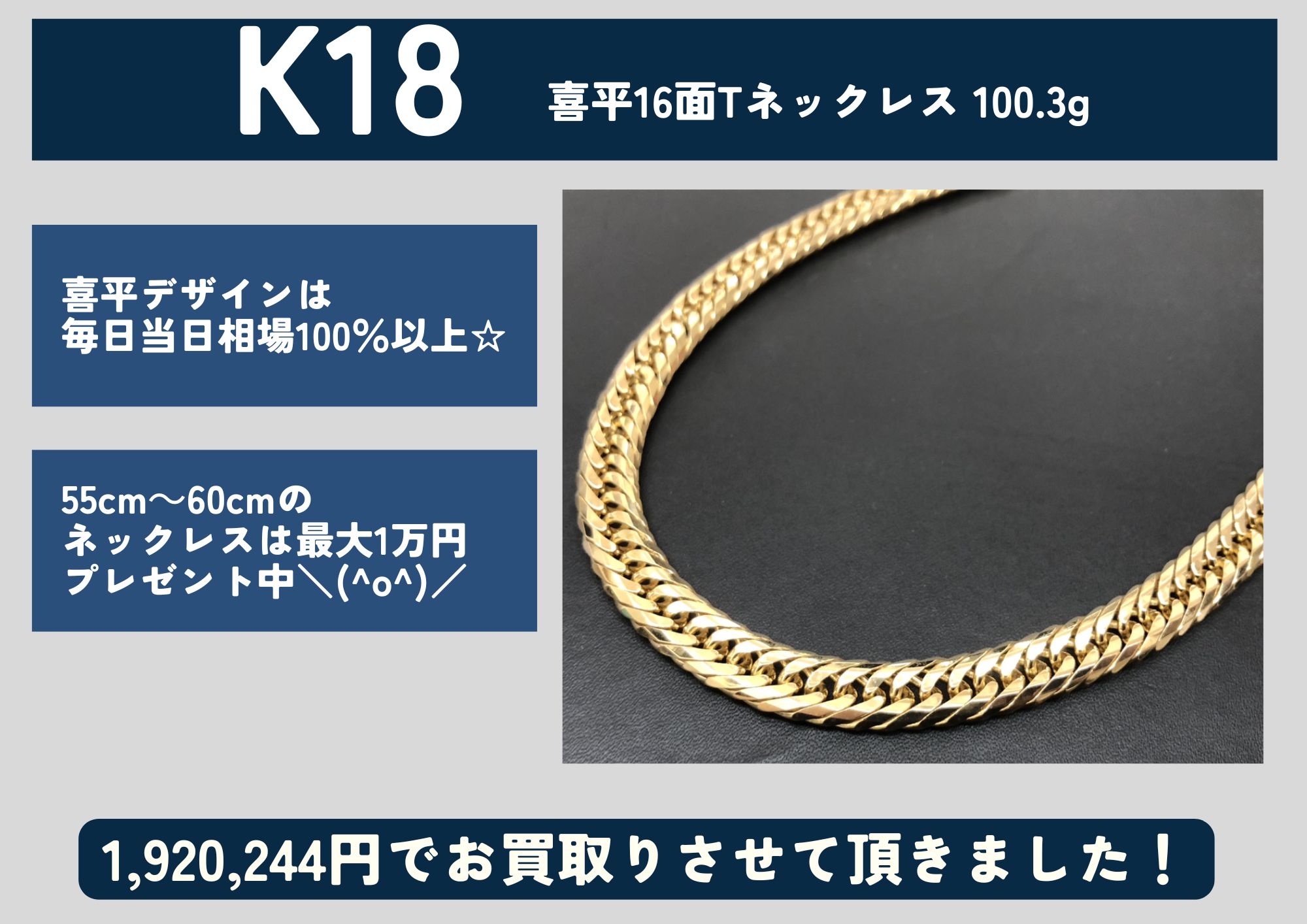 K18 18金 喜平16面Tネックレス 100.3g 1,920,244円でお買取させていただきました！