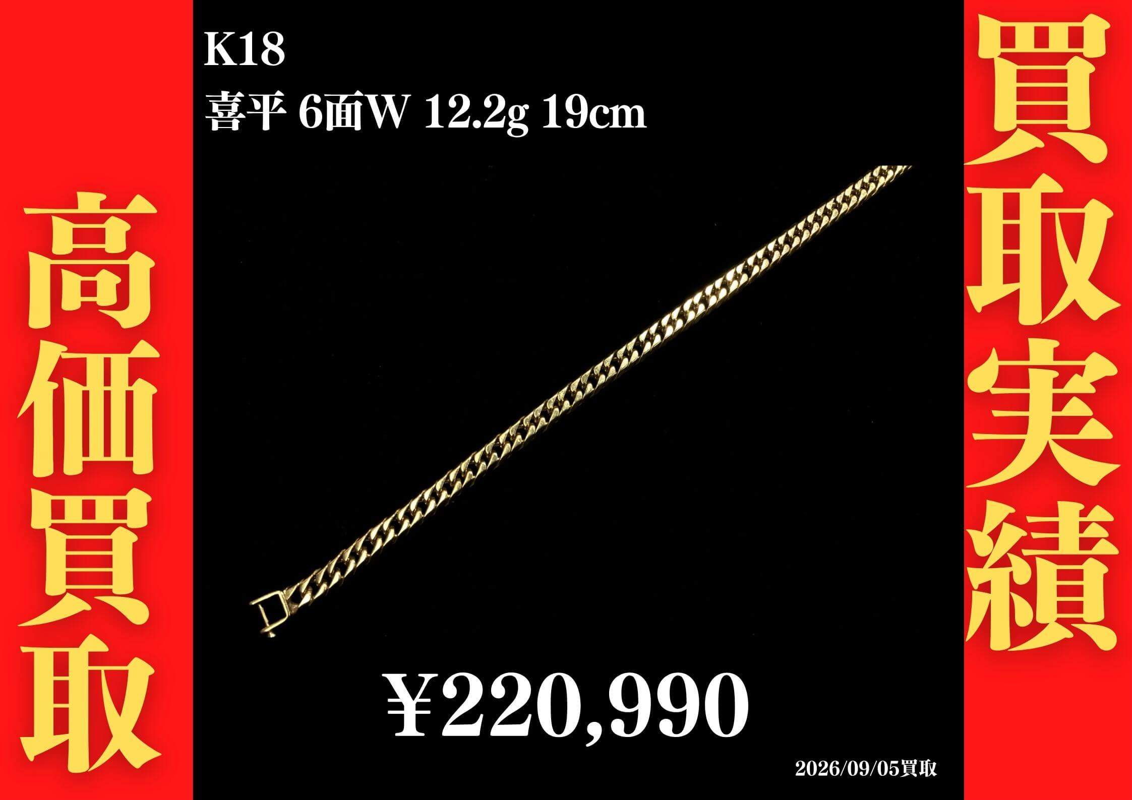 K18 喜平6面 12.2g 19cm ブレスレット 220,990円でお買取させていただきました！