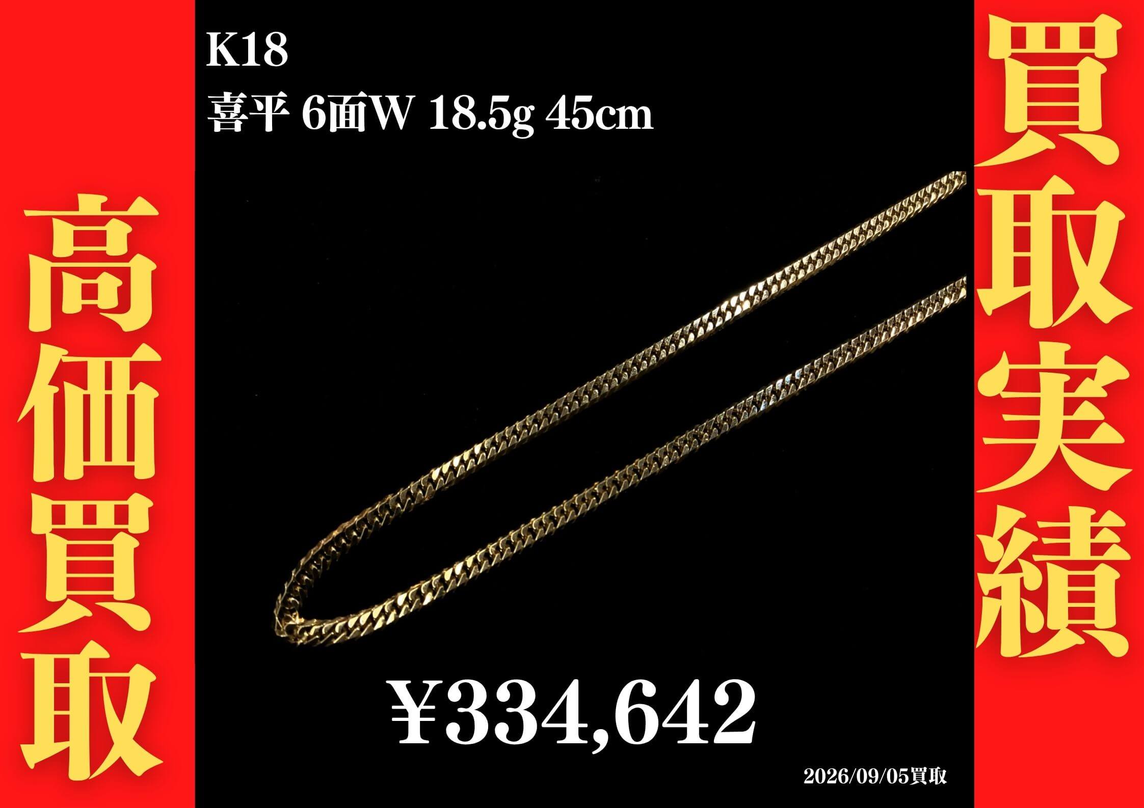 K18 喜平6面W 18.5g 45cm ネックレス 334,642円でお買取させていただきました！
