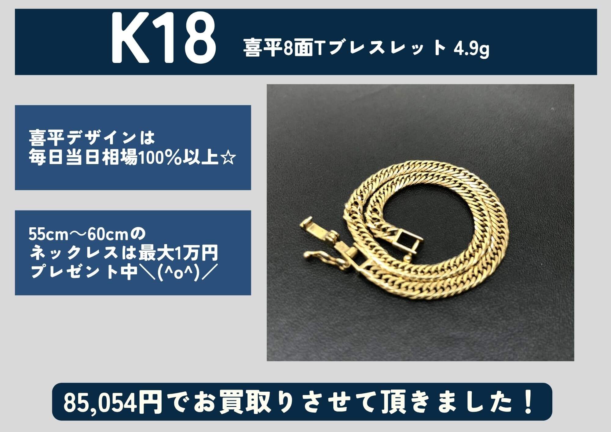 K18 18金 喜平8面Tブレスレット 4.9g 85,054円でお買取させていただきました！