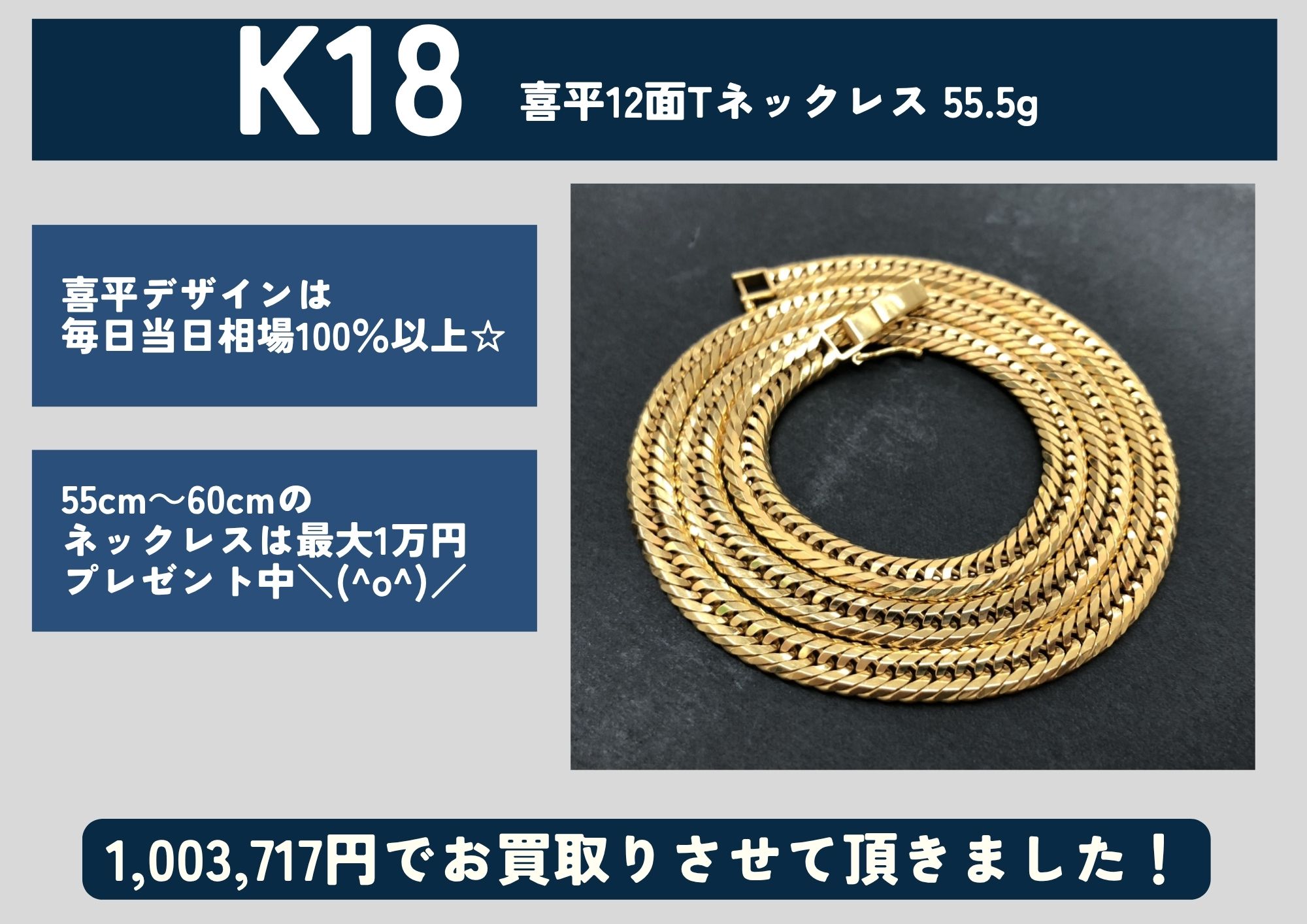 K18 18金 喜平12面Tネックレス 55.5g 1,003,717円でお買取させていただきました！