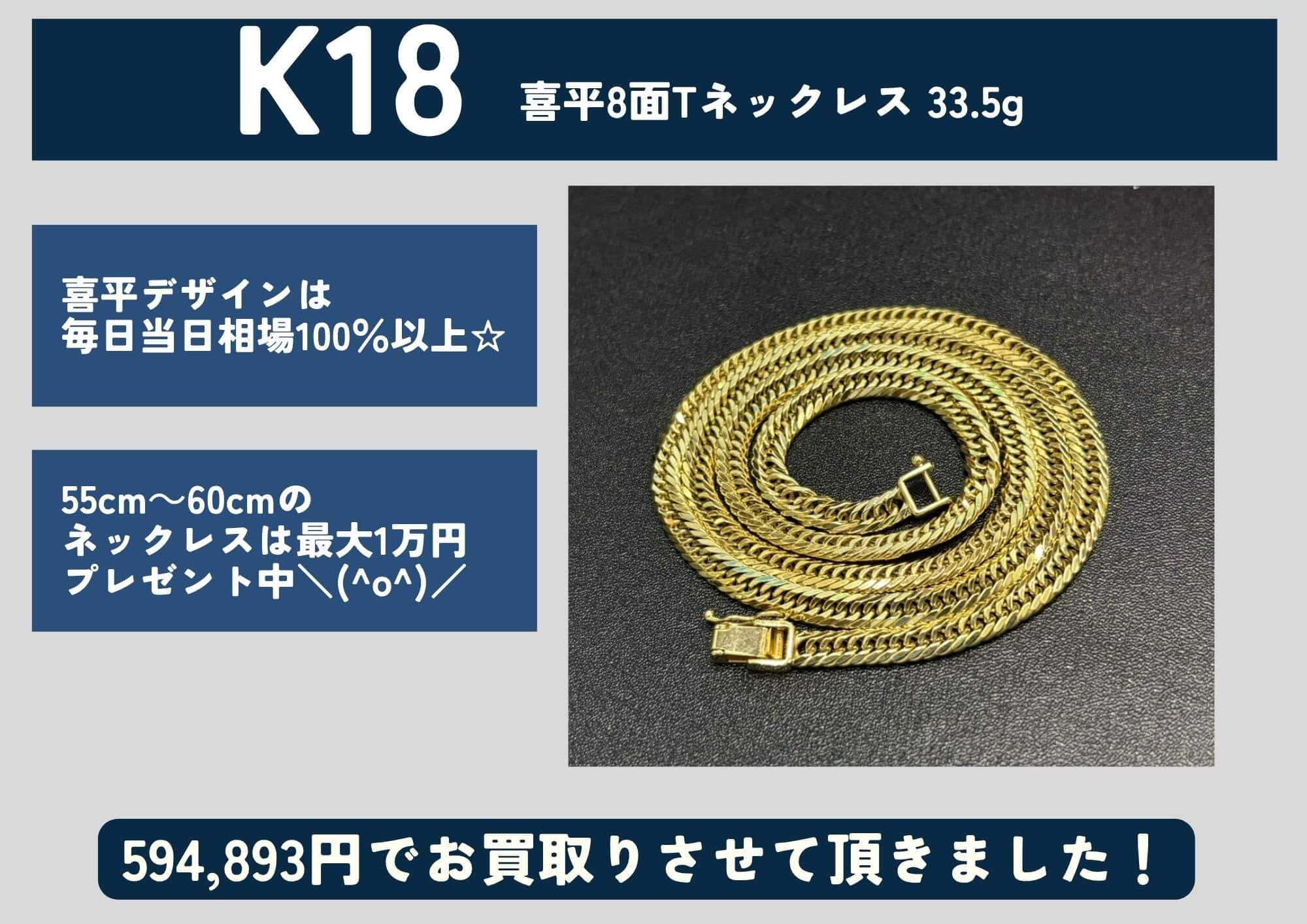 K18 18金 喜平8面トリプルネックレス 33.5g 594,893円でお買取させていただきました！