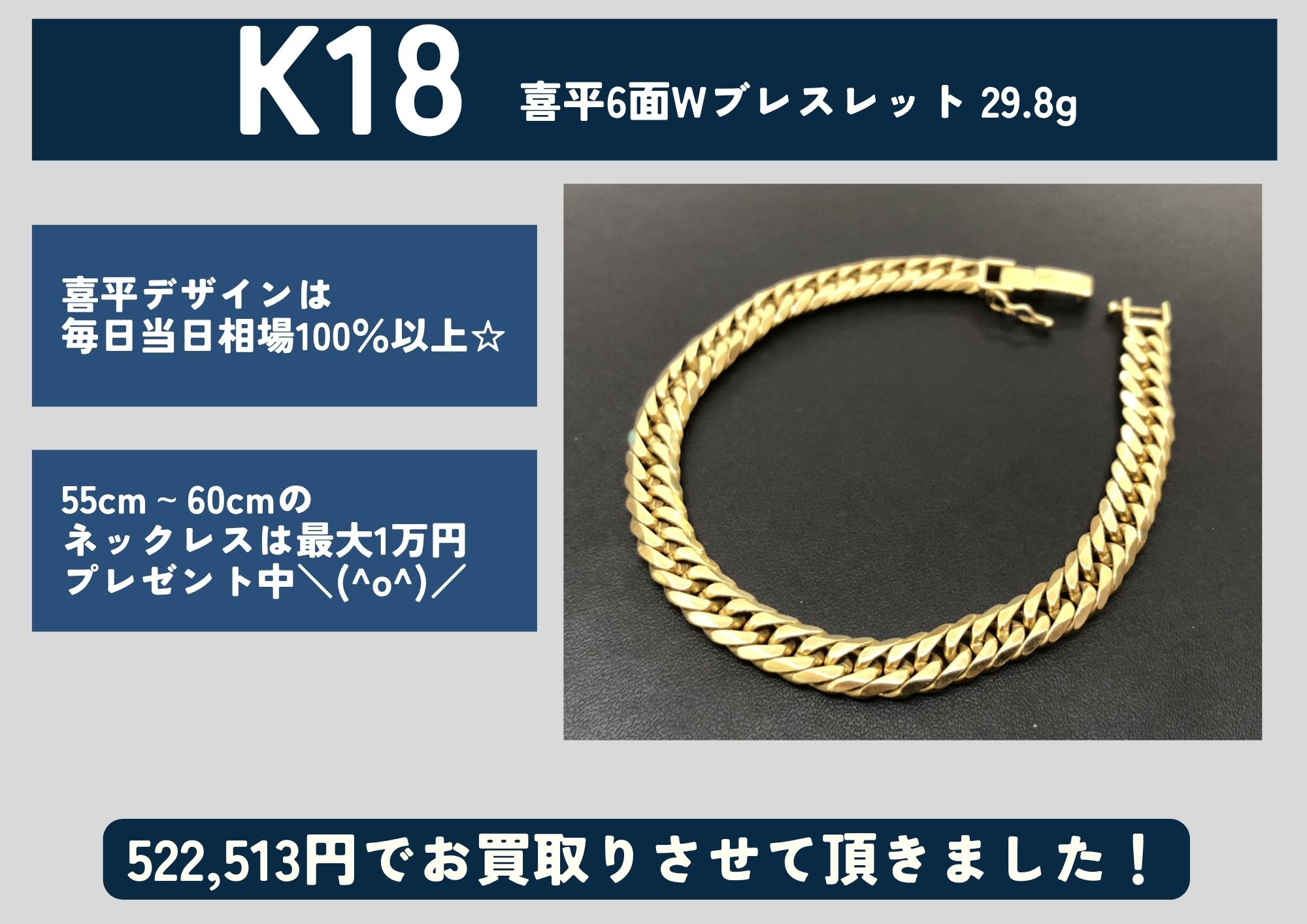 K18 18金 喜平6面Wブレスレット 29.8g 522,513円でお買取りさせていただきました！