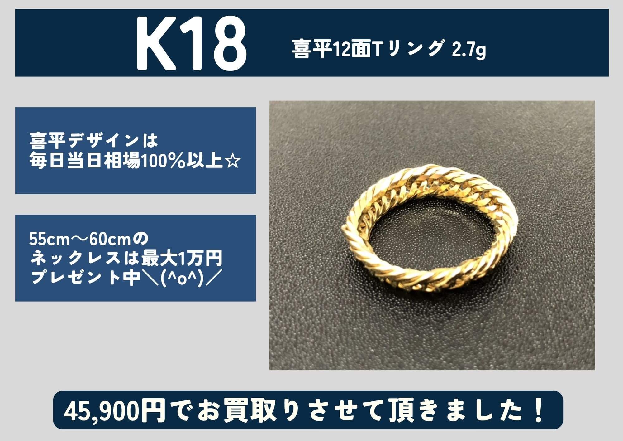 K18 18金 喜平12面Tリング 2.7g 45,900円でお買取りさせていただきました！