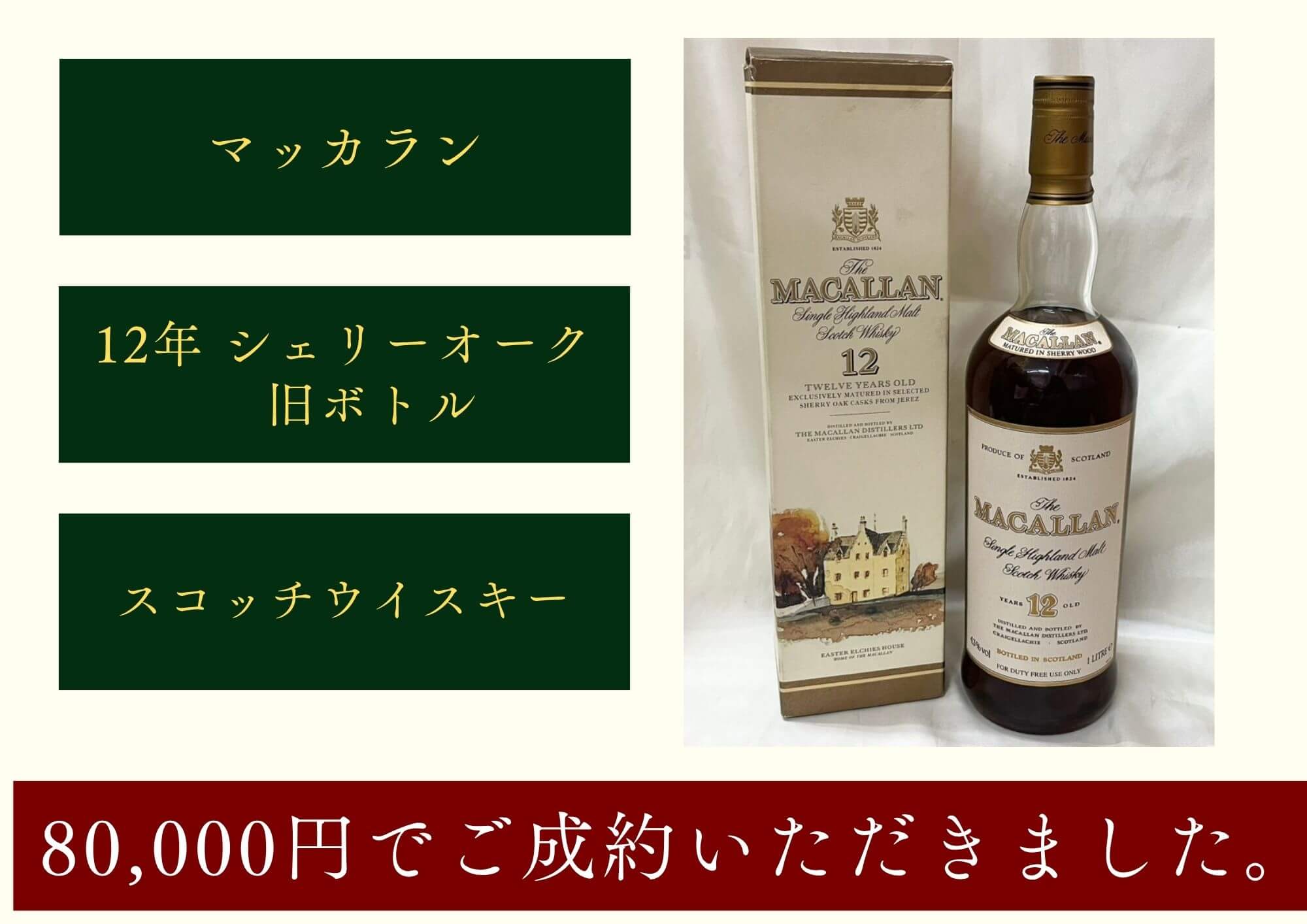 マッカラン 12年 シェリーオーク 旧ボトル スコッチウイスキー 80,000円でご成約いただきました。